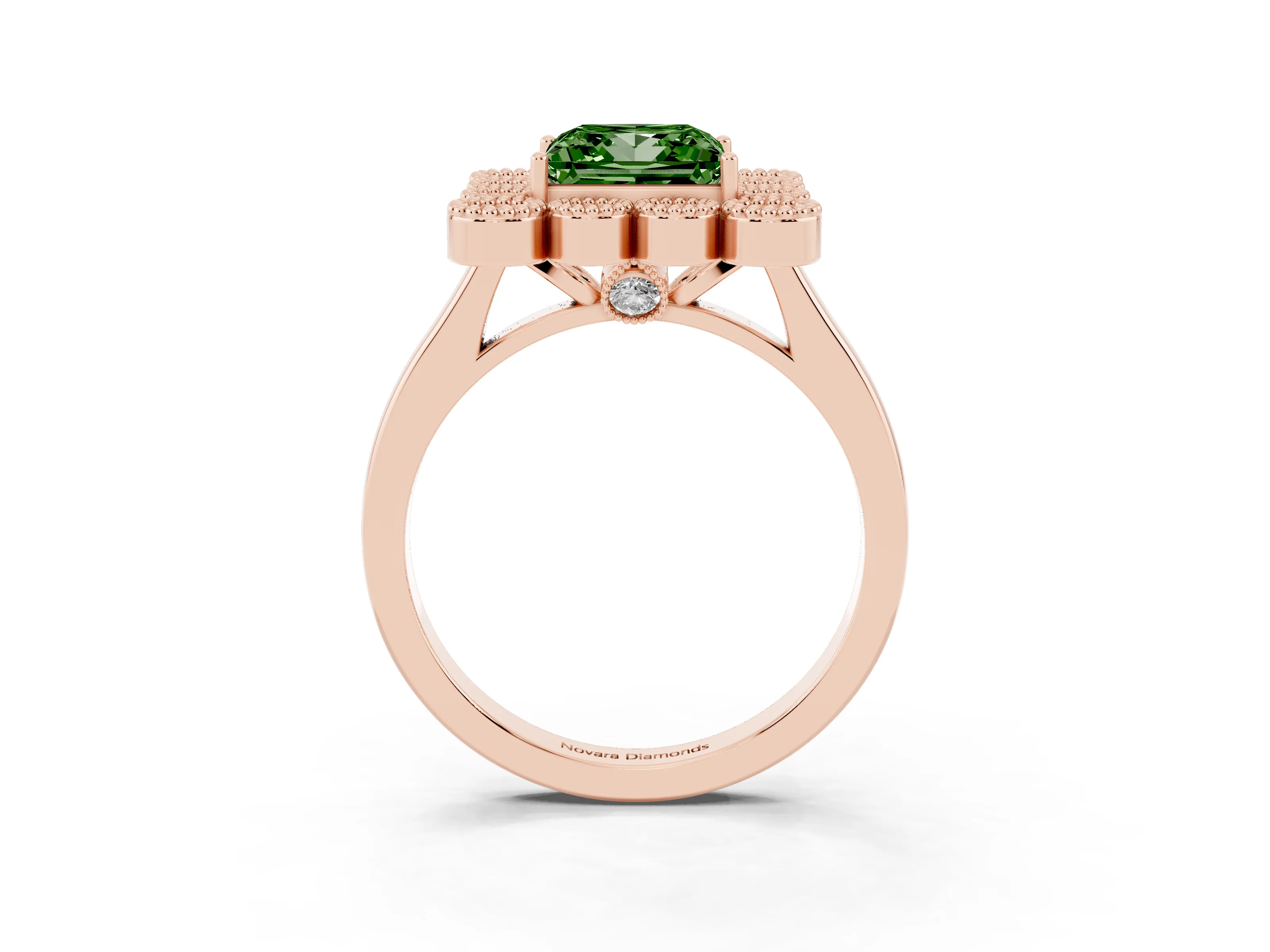Fancy Green Princess Cut Diamond Cluster Halo Ring Set in Rose gold with Milgrain Bezel Accents and Plain Band