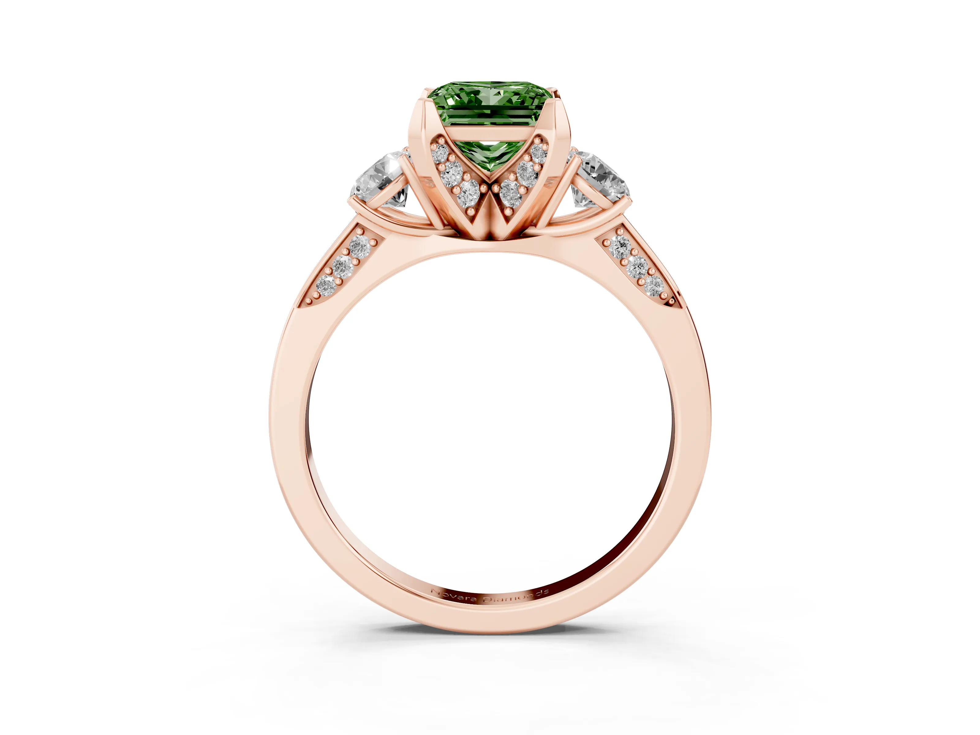 Fancy Green Princess Cut Diamond Three-Stone Ring Set in Rose gold with Pavé Band and Smaller Side Stones