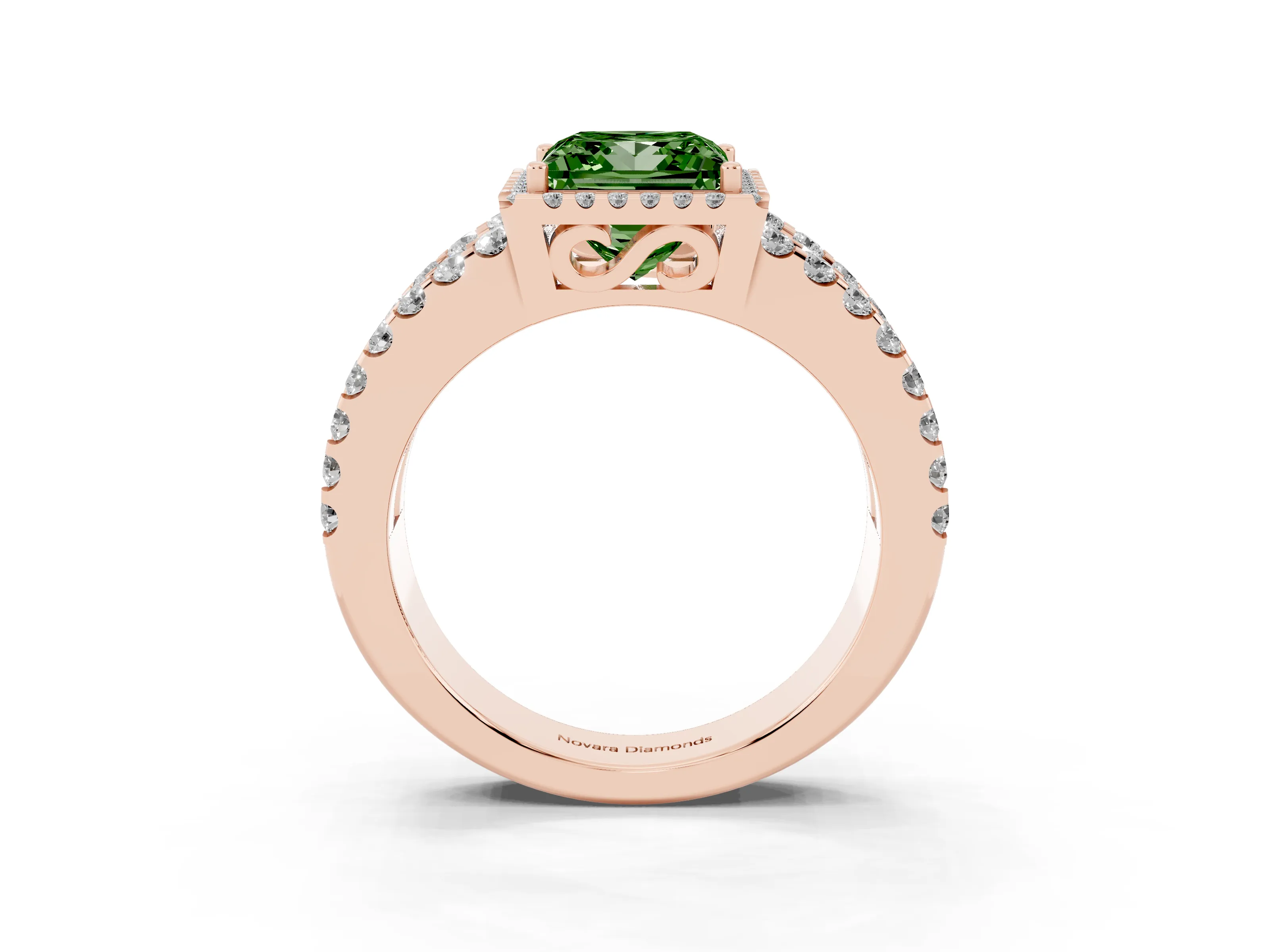 Fancy Green Princess Cut Diamond Halo Ring Set in Rose gold with Pavé Split Shank and Prong Setting