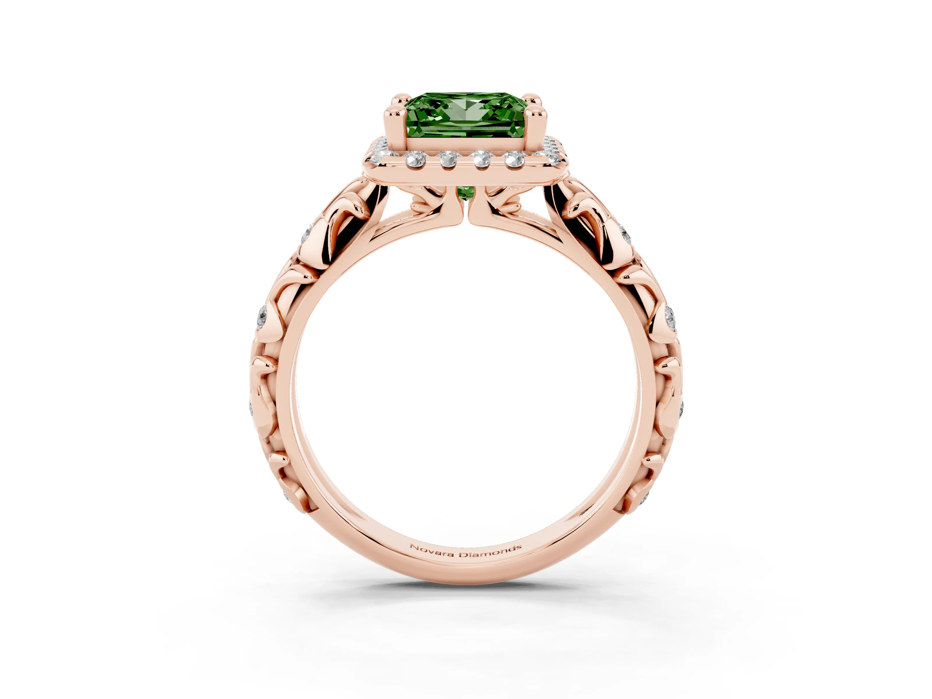 Fancy Green Princess Cut Diamond Halo Ring Set in Rose gold with Filigree Leaf Band and Prong Setting