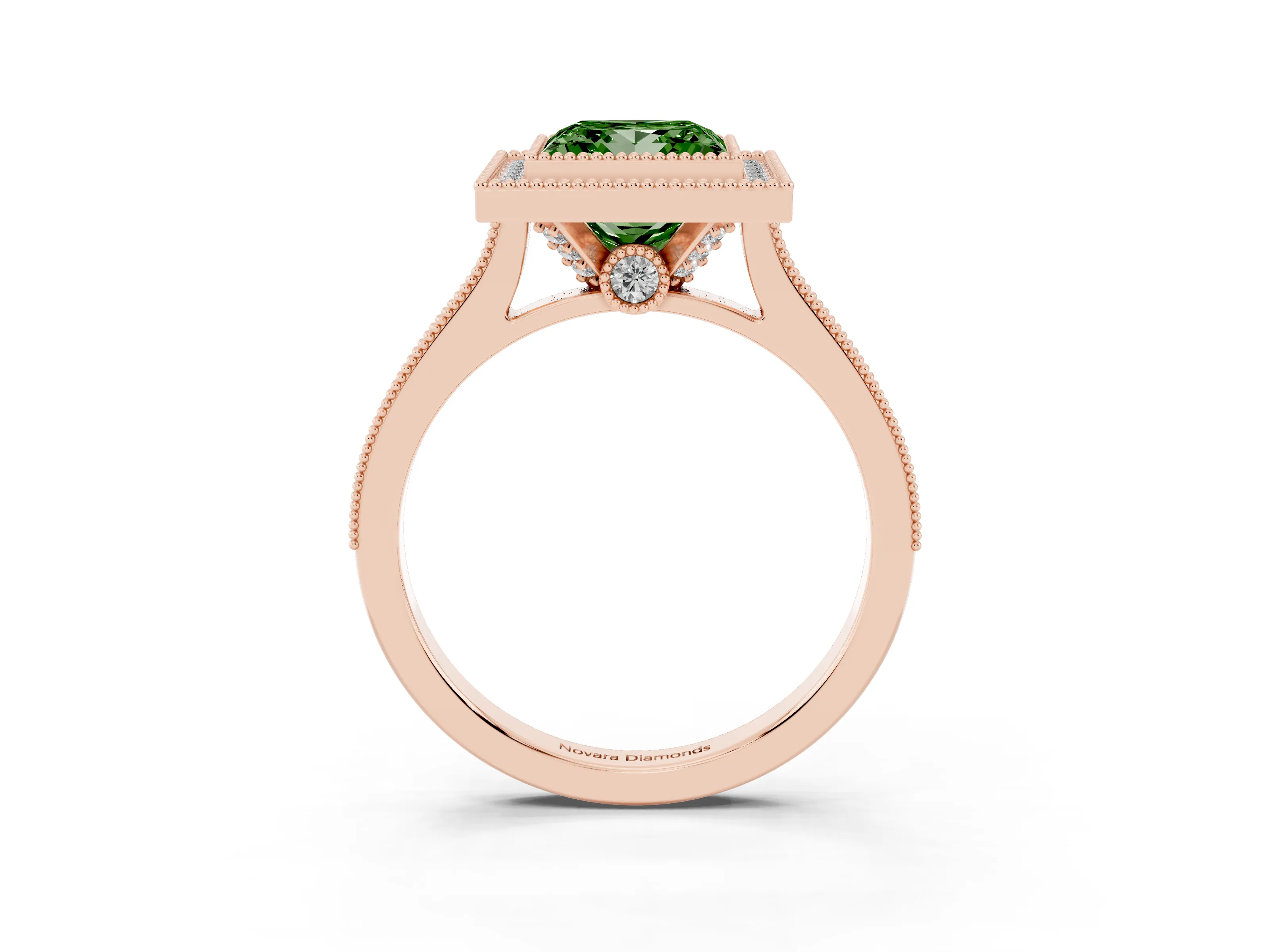 Fancy Green Princess Cut Diamond Halo Milgrain Pavé Band Ring Set in Rose gold with Prong Setting