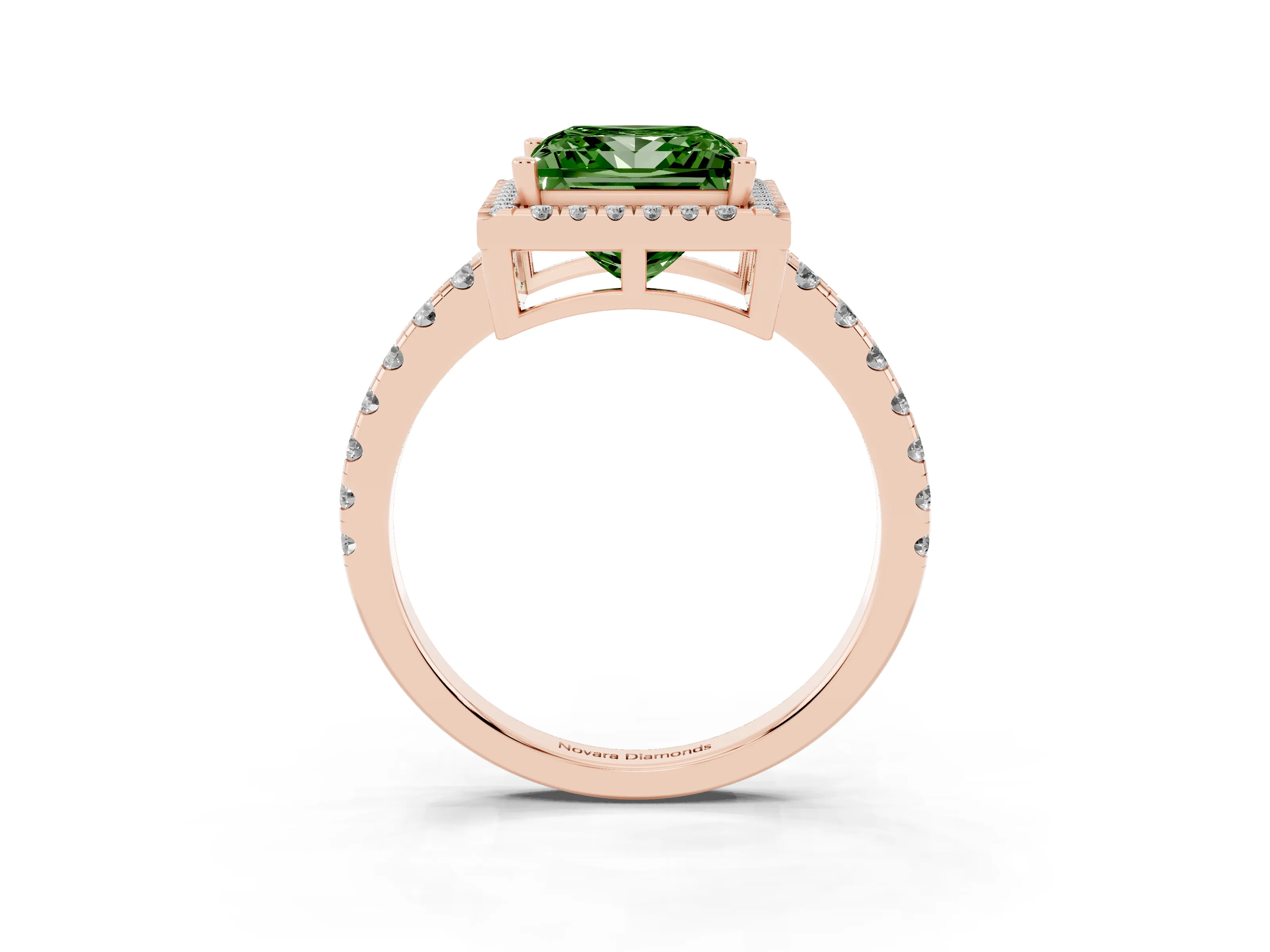 Fancy Green Princess Cut Diamond Halo Ring Set in Rose gold with Delicate Pavé Band and Prong Setting