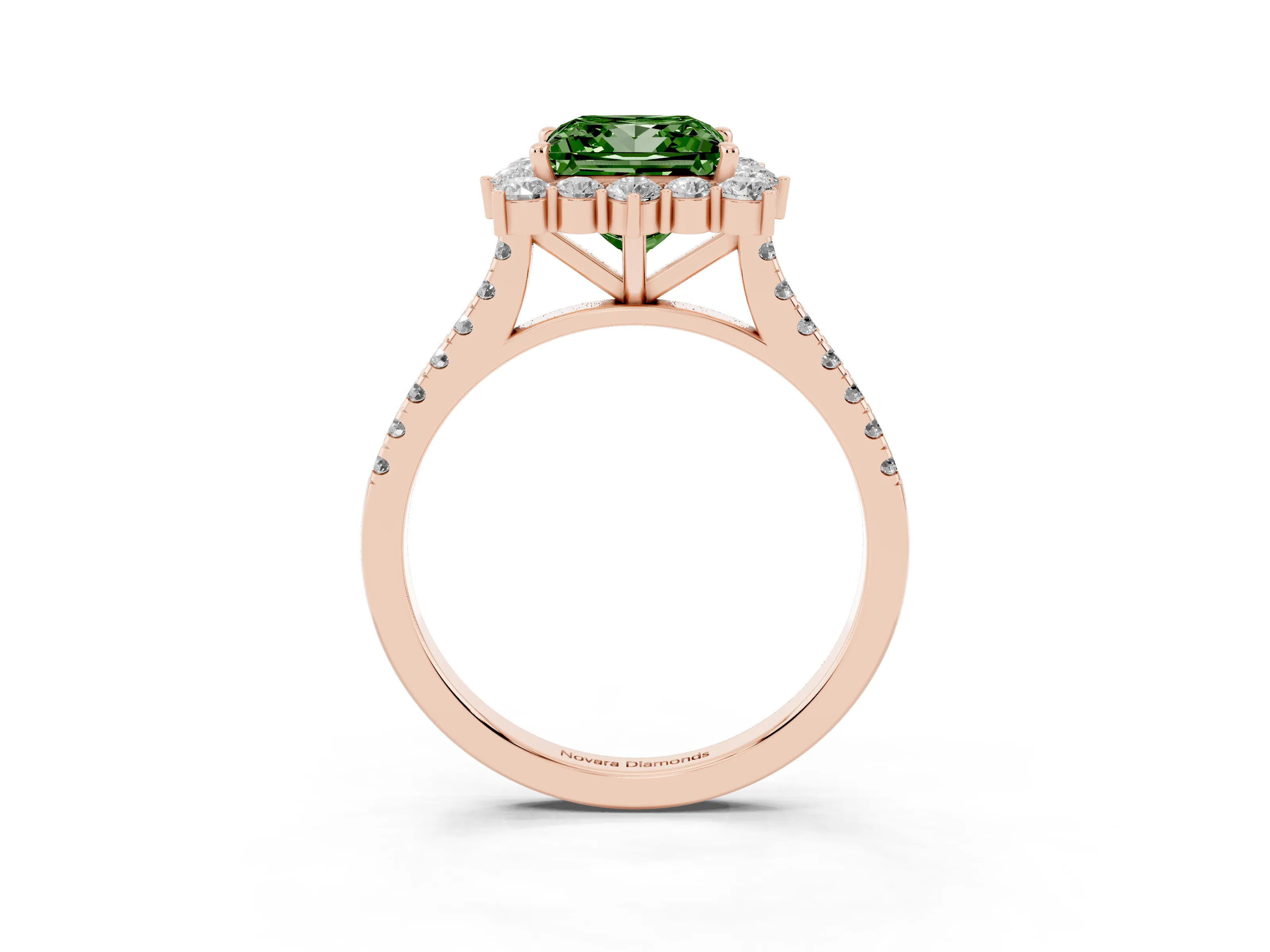 Fancy Green Princess Cut Diamond Halo Ring Set in Rose gold with Pavé Band and Prong Setting