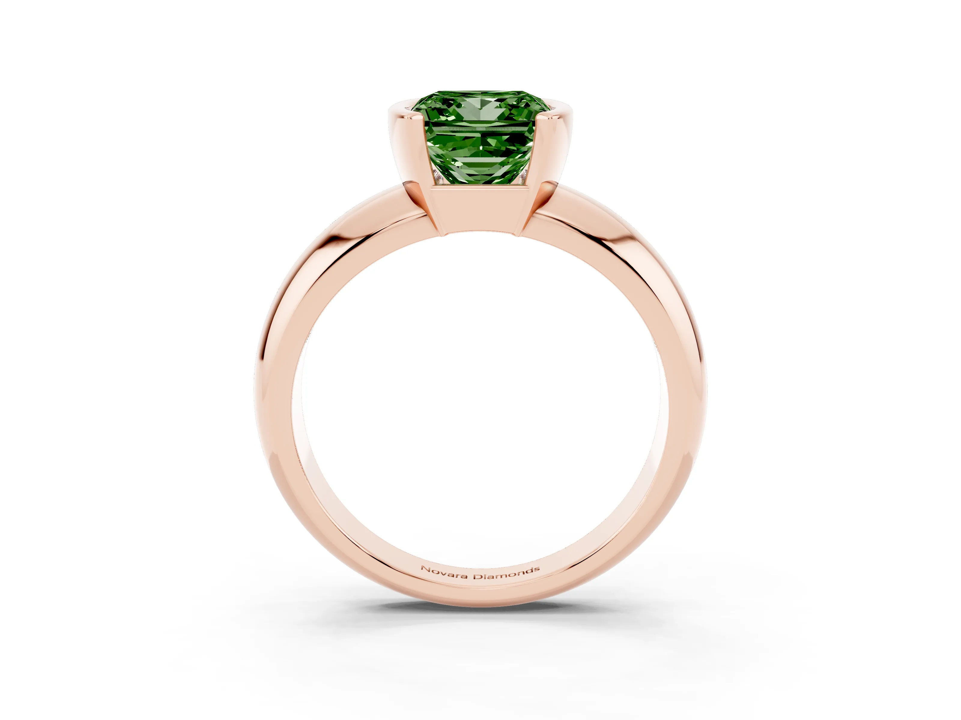 Fancy Green Princess Cut Diamond Solitaire Tension Set Ring Set in Rose gold with Wide Band