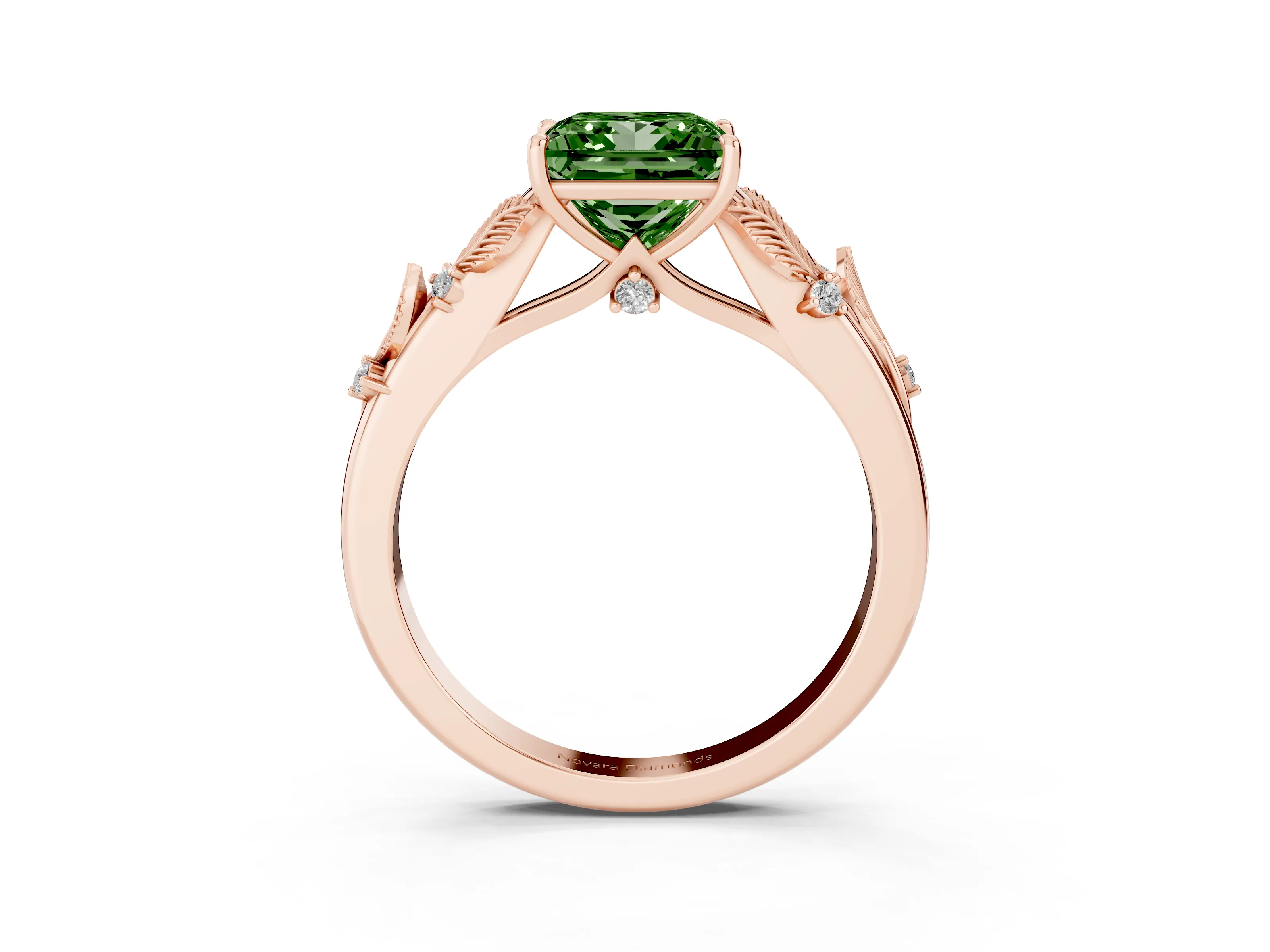Fancy Green Princess Cut Diamond Solitaire Ring Set in Rose gold with Leaf Motif Band