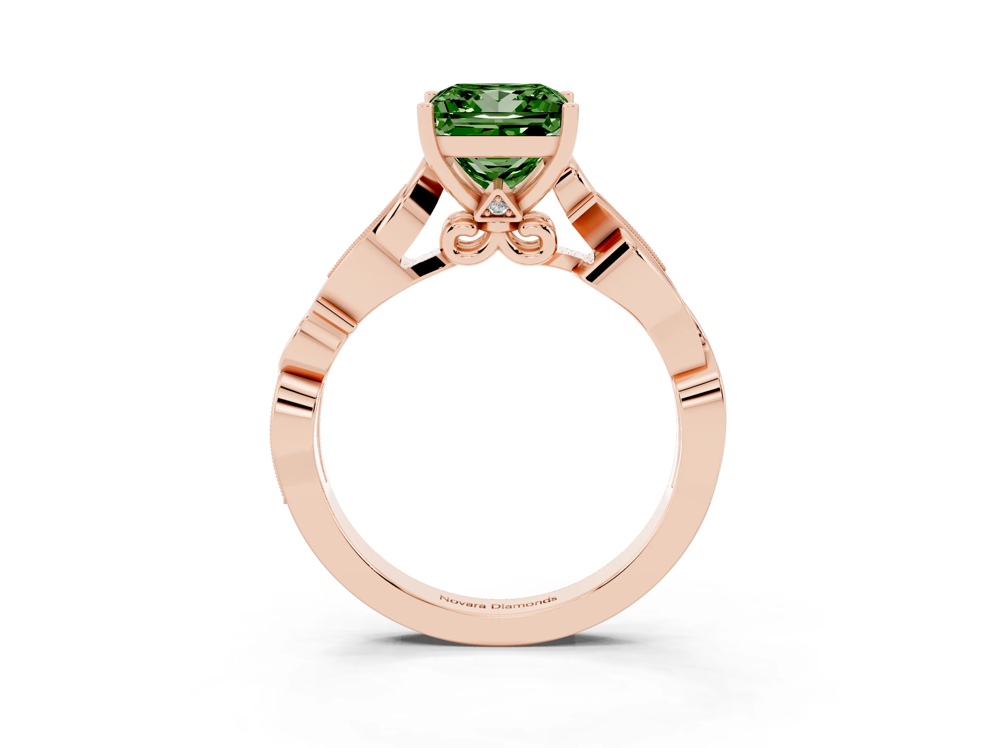 Fancy Green Princess Cut Diamond Vine Band Solitaire Ring Set in Rose gold with Milgrain Prong Setting
