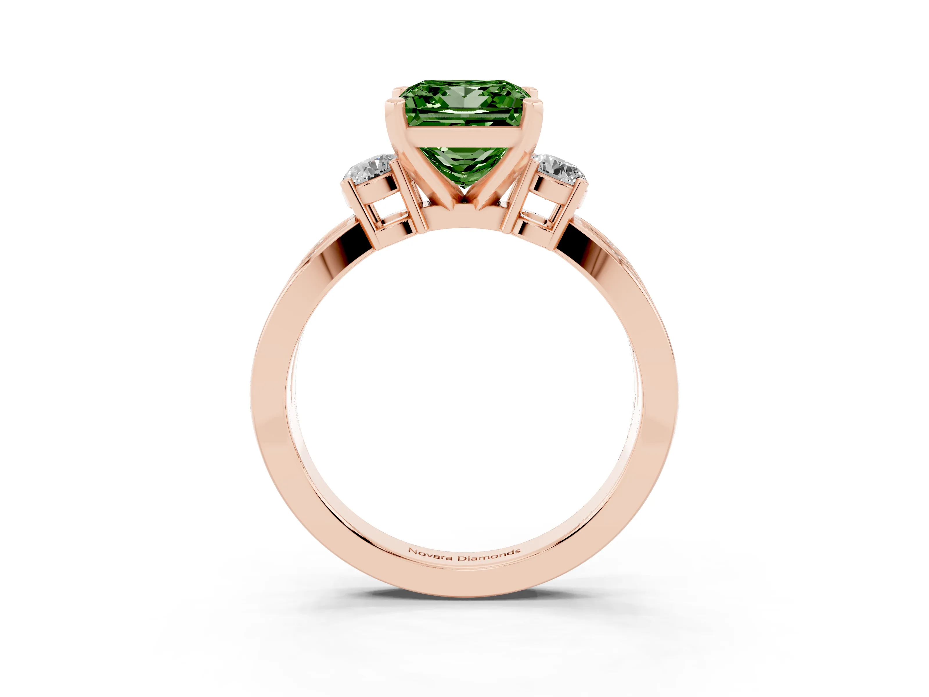 Fancy Green Three-Stone Princess Cut Diamond Twist Band Ring Set in Rose gold with Pavé Accents and Prong Setting