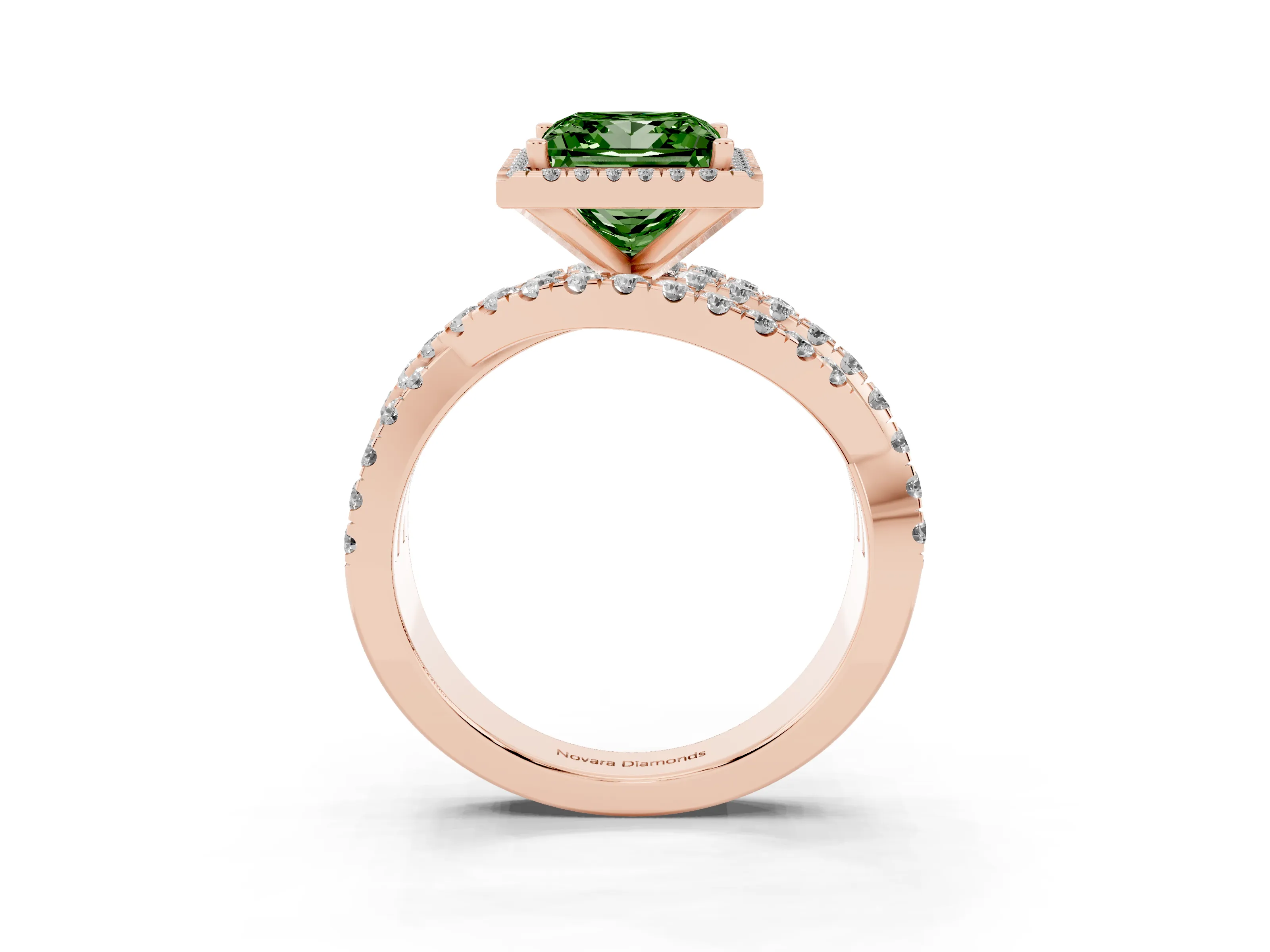 Fancy Green Princess Cut Diamond Halo Ring Set in Rose gold with Round Crossover Split Shank and Prong Setting
