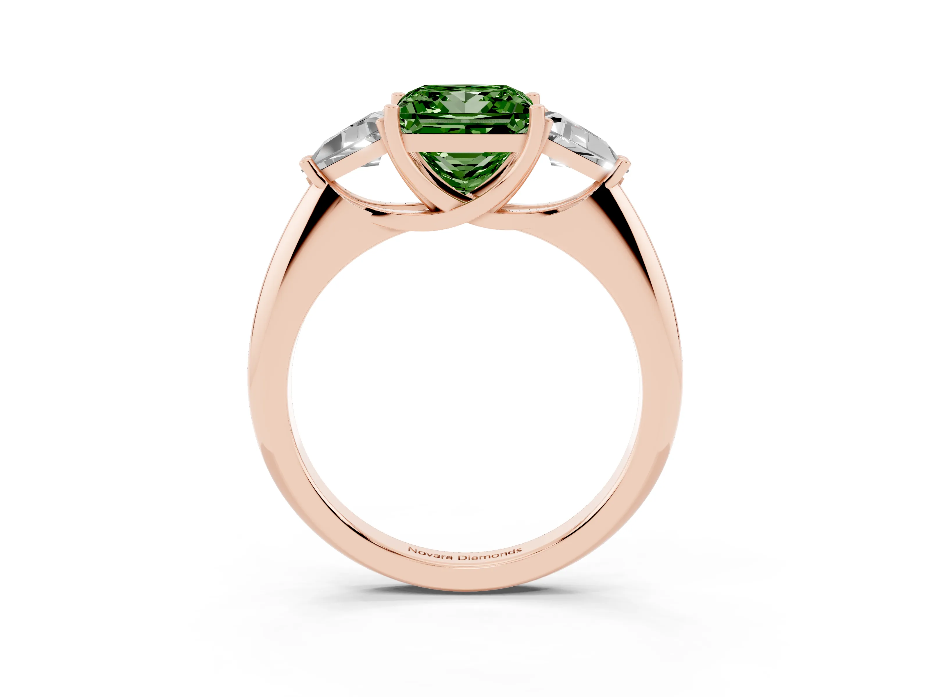Fancy Green Princess Cut Diamond Three-Stone Engagement Ring Set in Rose gold with Trillion Side Stones