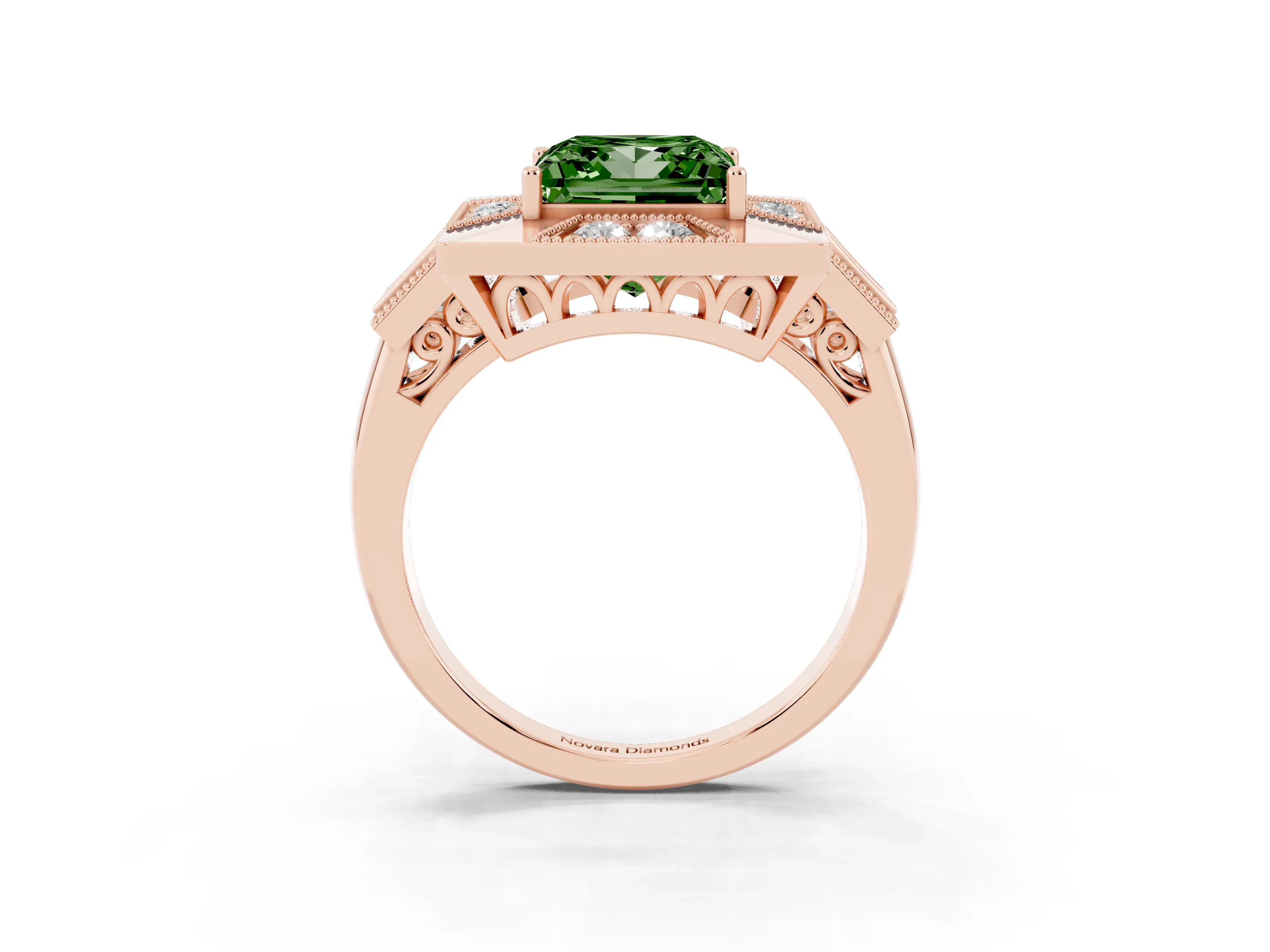 Fancy Green Princess Cut Diamond Milgrain Halo Ring Set in Rose gold with Split Shank