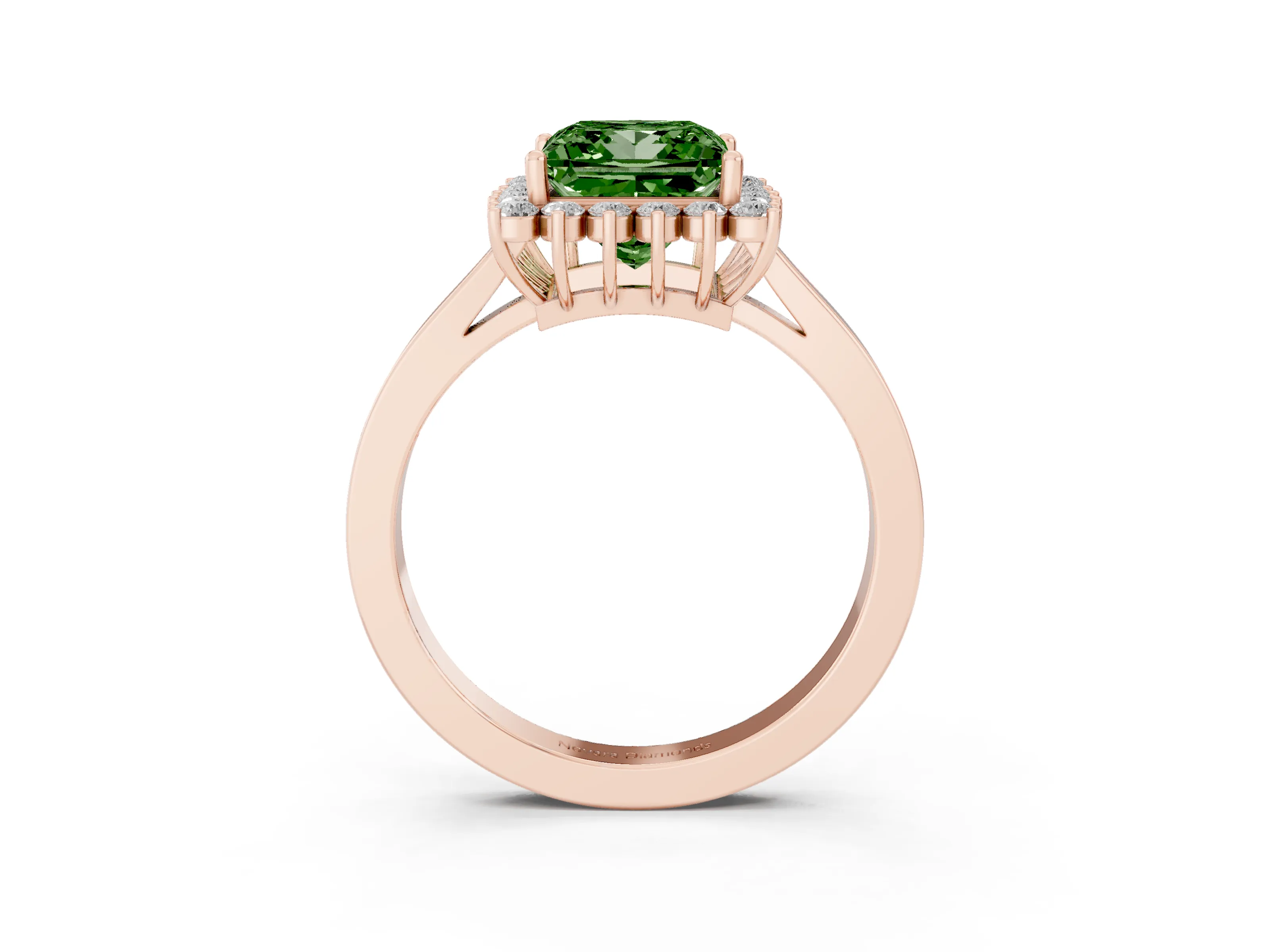 Fancy Green Princess Cut Diamond Halo Ring Set in Rose gold with Round Halo and Smooth Solitaire Band
