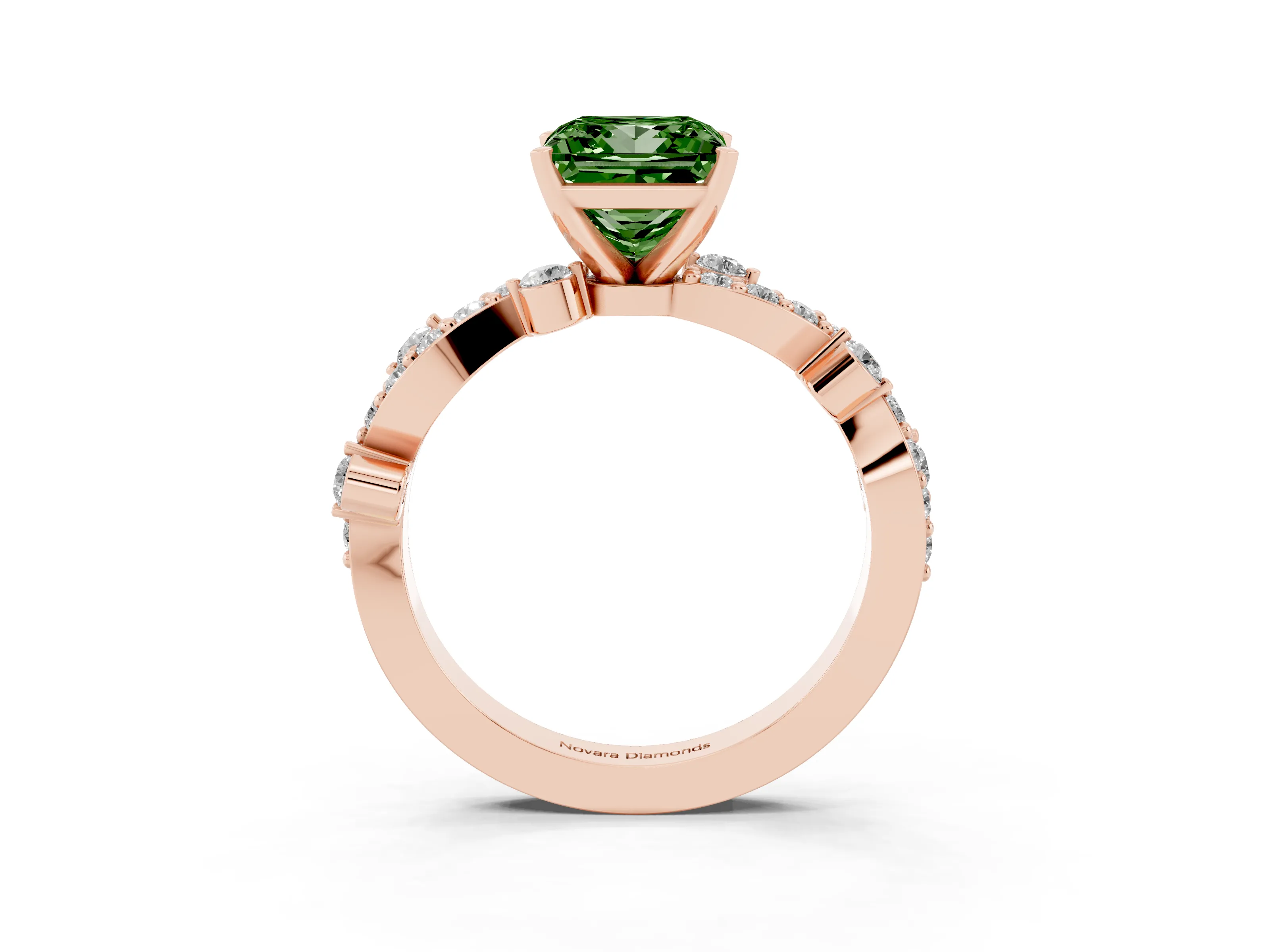 Fancy Green Princess Cut Diamond Solitaire Twisted Band Set in Rose gold with Pavé Setting