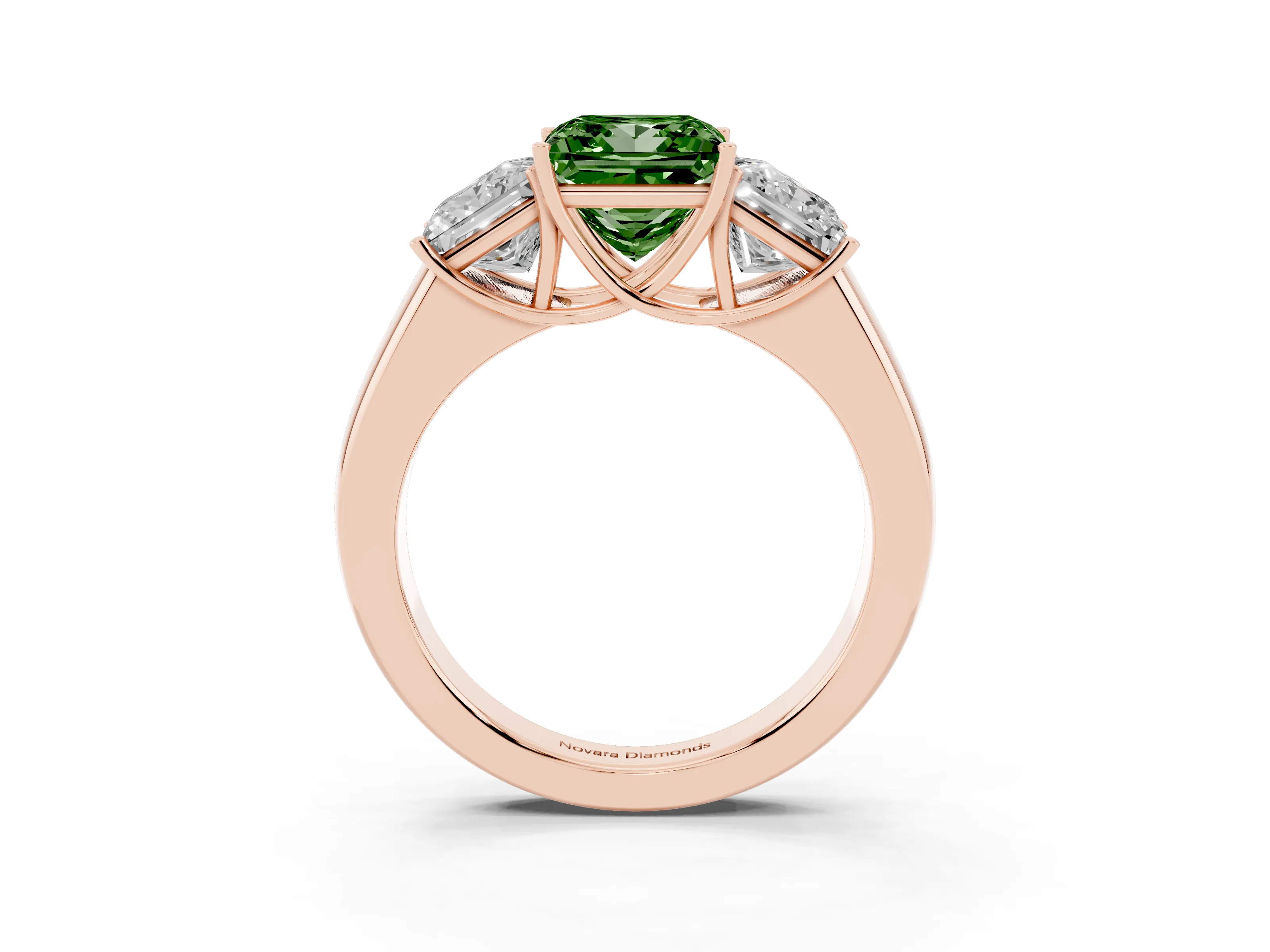 Fancy Green Three-Stone Princess Cut Diamond Ring Set in Rose gold with Matching Prong Settings and Plain Band