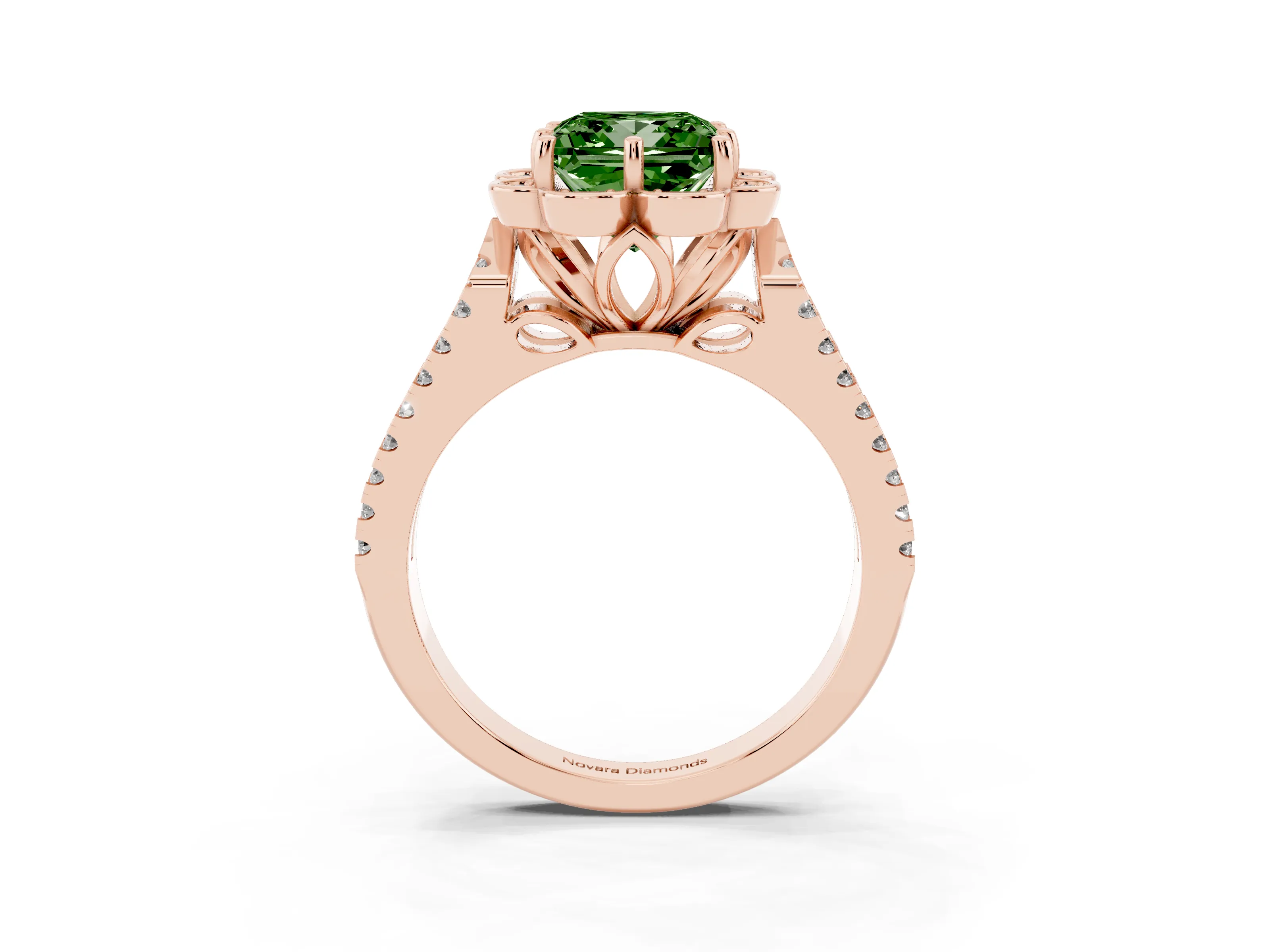 Fancy Green Princess Cut Diamond Floral Halo Split Shank Engagement Ring Set in Rose gold with Pavé Shank