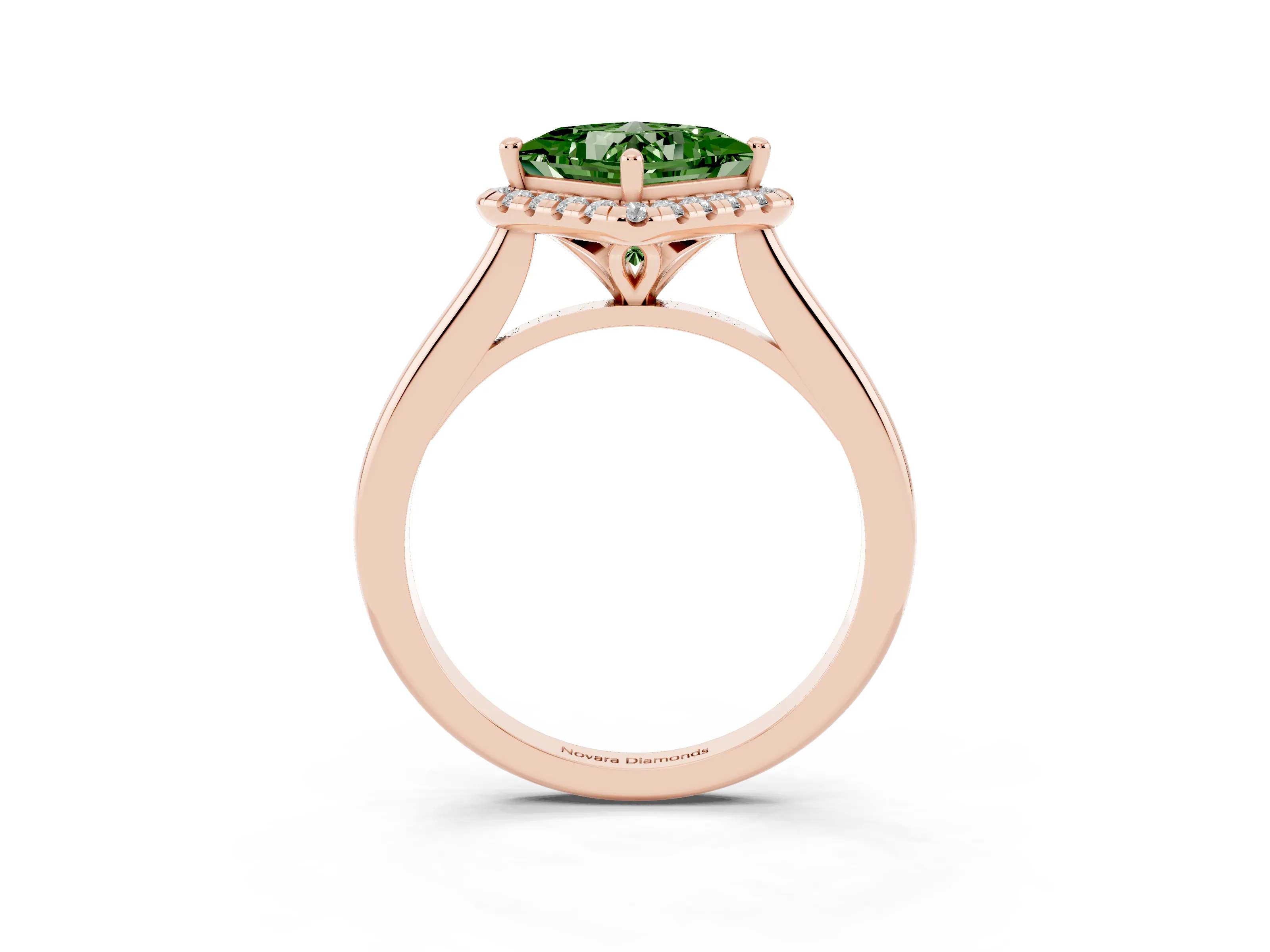 Fancy Green Princess Cut Diamond Halo Engagement Ring Set in Rose gold with Pavé Band and Rising Shoulders