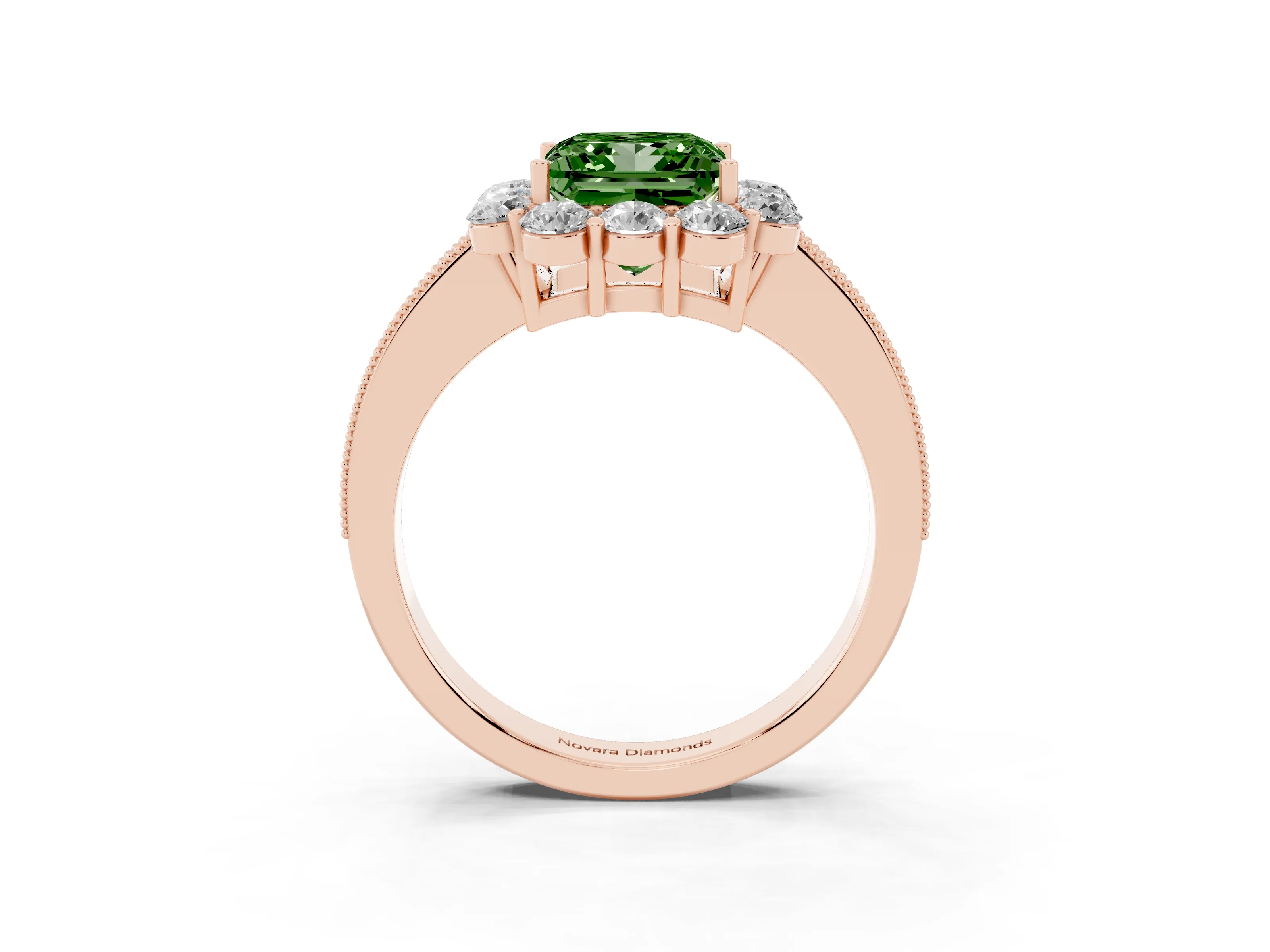 Fancy Green Princess Cut Diamond Halo Pavé Engagement Ring Set in Rose gold with Milgrain Detailing