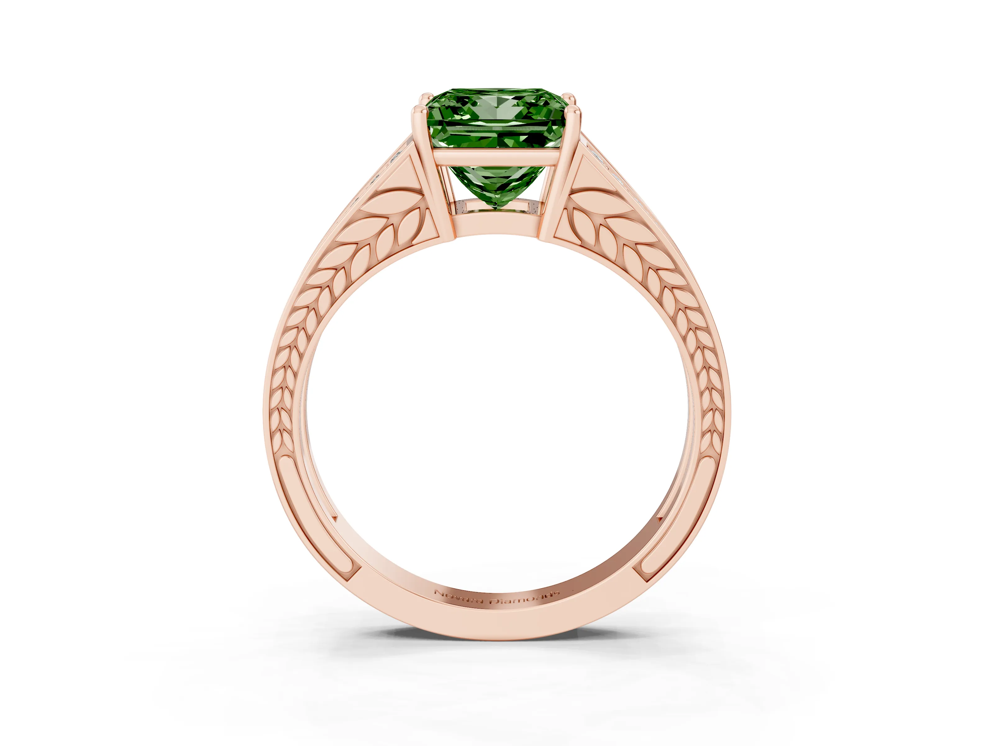 Fancy Green Princess Cut Diamond Split Shank Ring Set in Rose gold with Pavé Band and Prong Setting