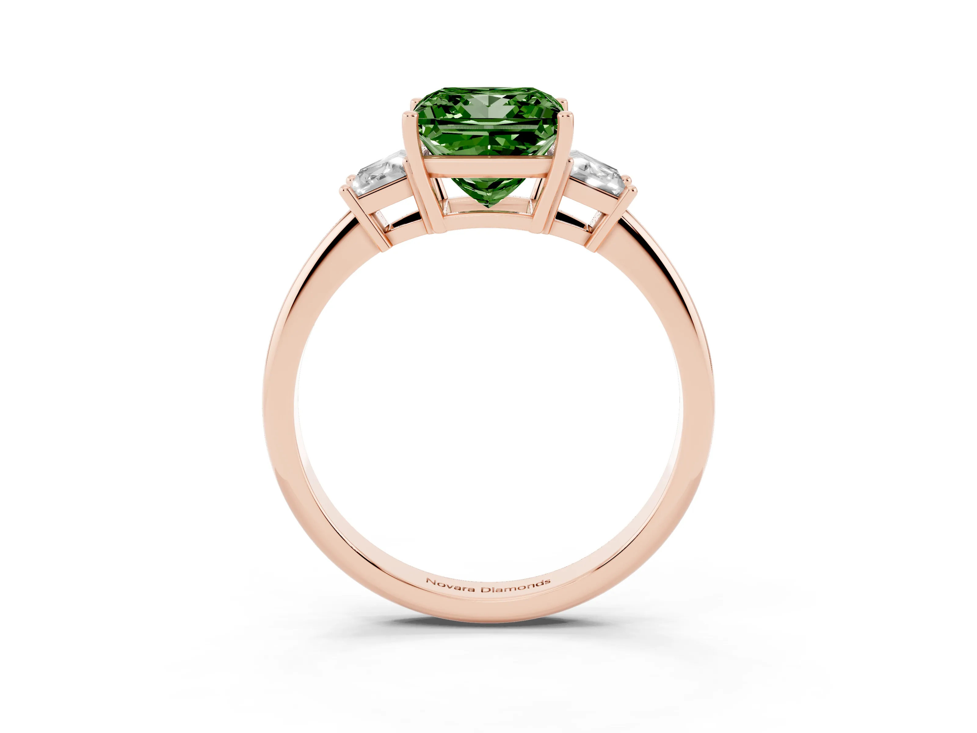 Fancy Green Princess Cut Diamond Three-Stone Ring Set in Rose gold with Trapezoid Side Stones and Prong Setting