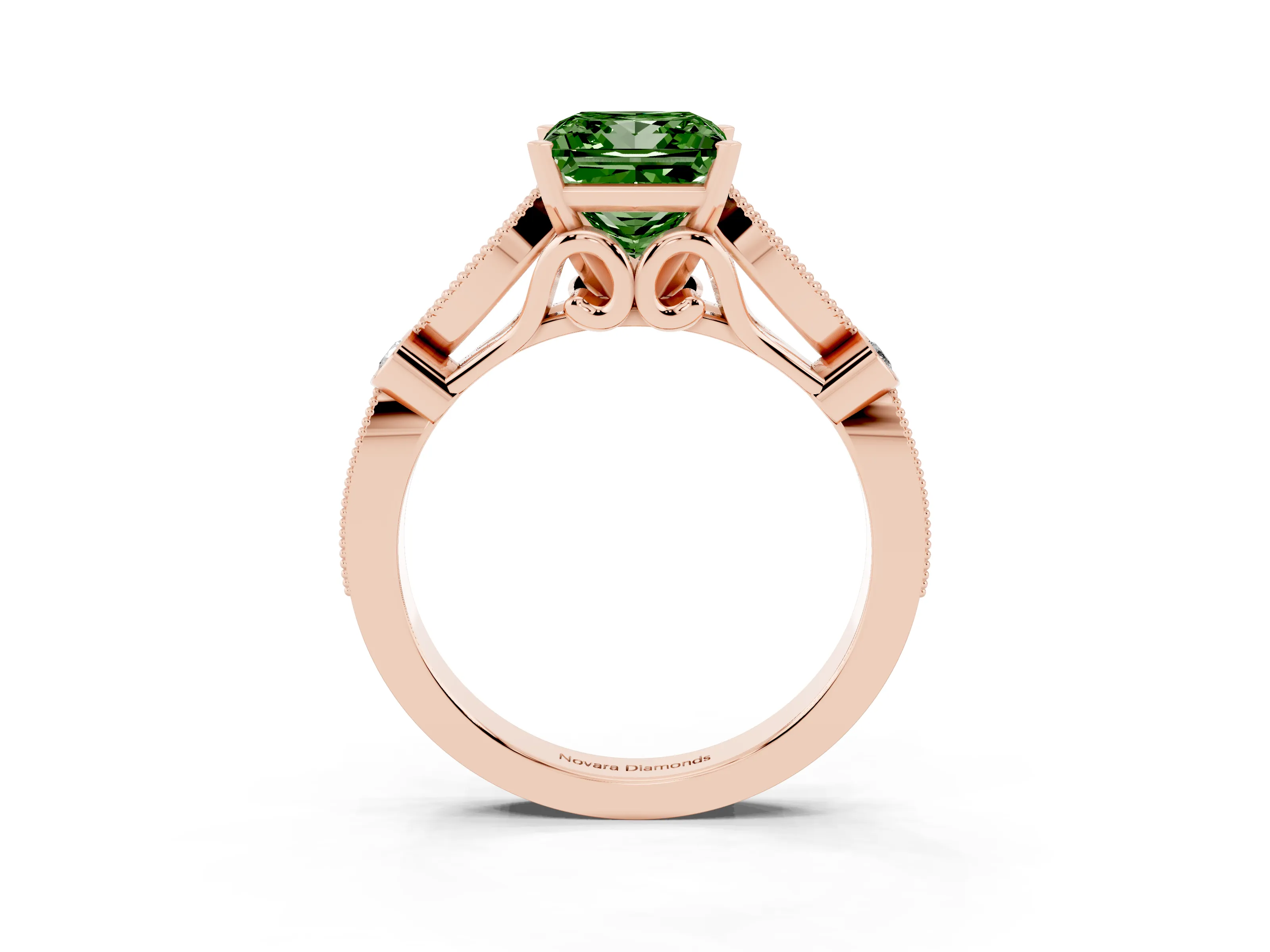 Fancy Green Princess Cut Diamond Solitaire Ring Set in Rose gold with Milgrain Marquise and Bezel Accents