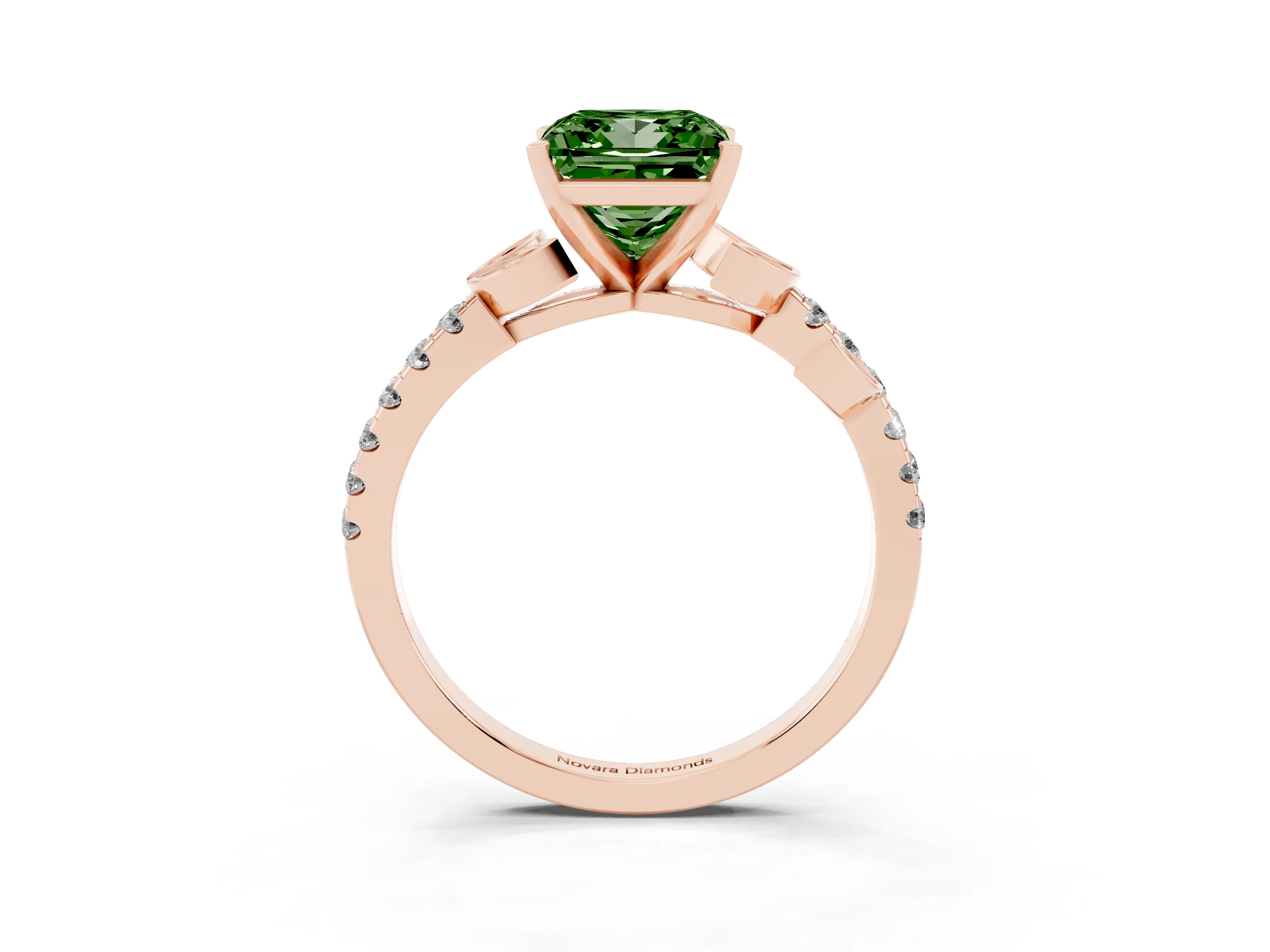Fancy Green Princess Cut Diamond Solitaire Leaf-Inspired Ring Set in Rose gold with Pavé Band and Prong Setting