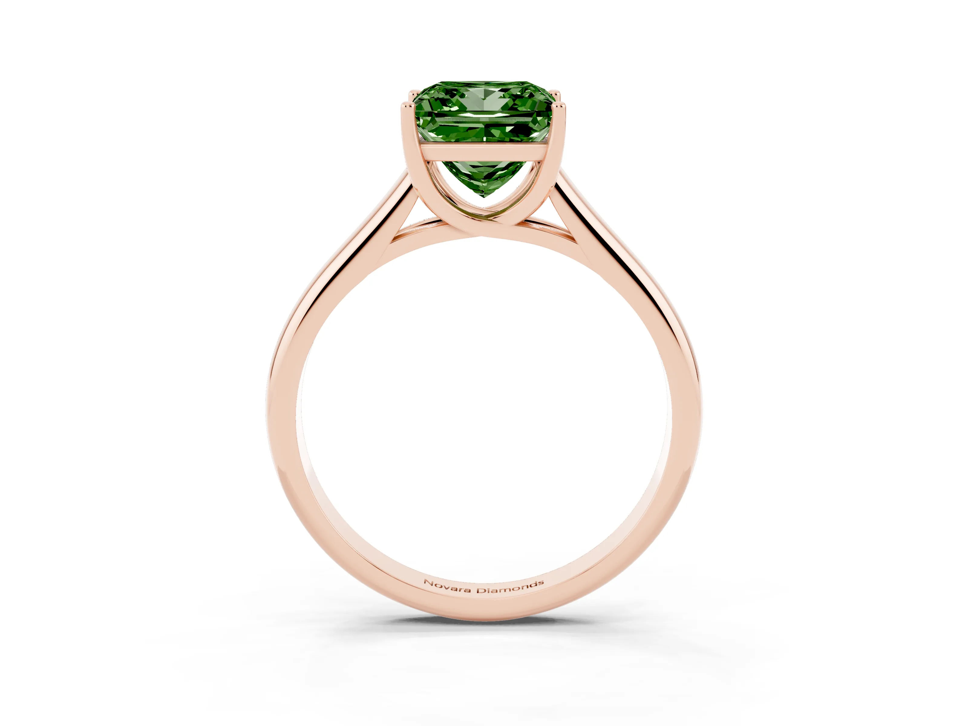 Fancy Green Princess Cut Diamond Solitaire Engagement Ring Set in Rose gold with Subtly Tapered Band and Prong Setting