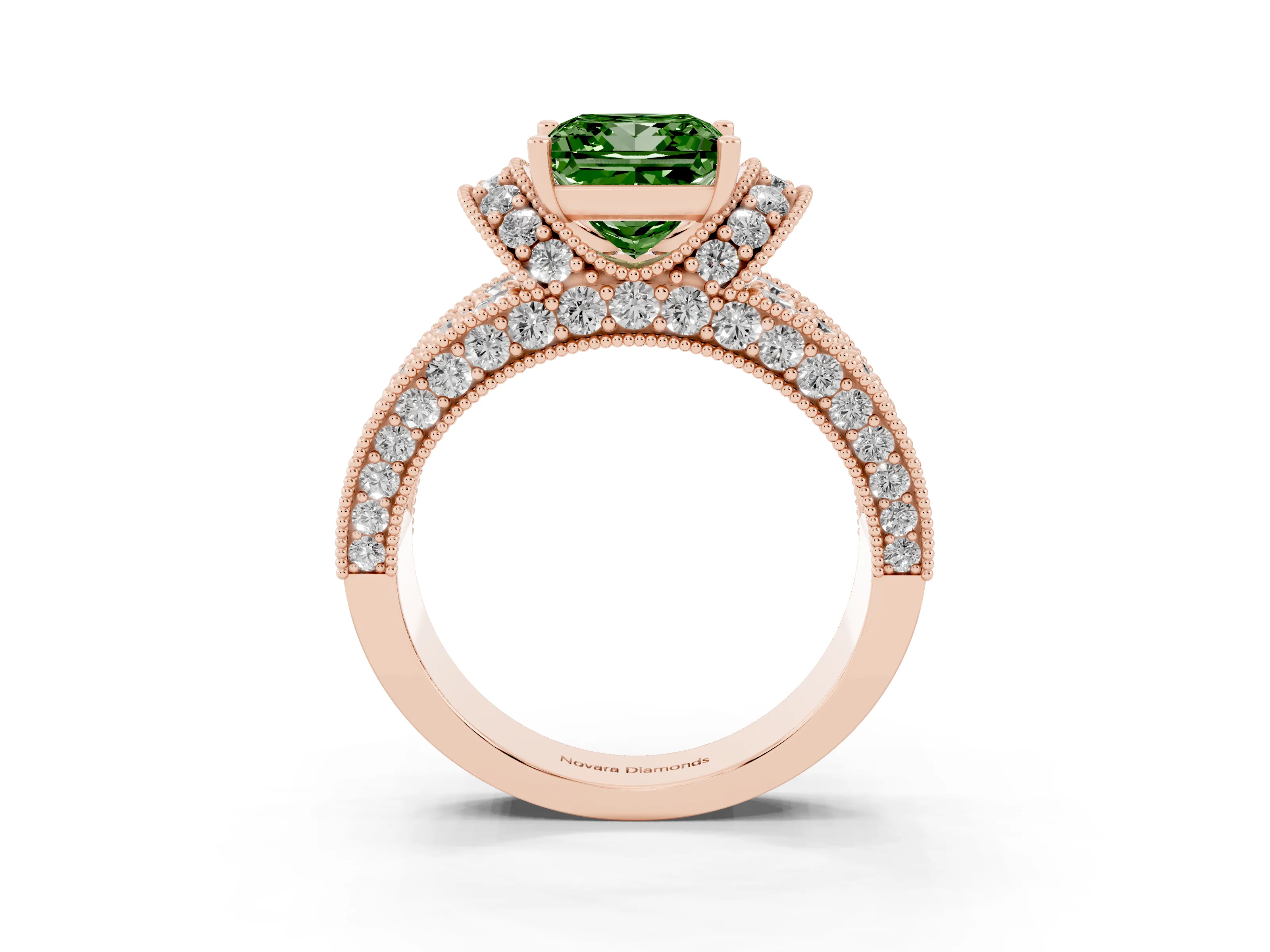 Fancy Green Princess Cut Diamond Milgrain Halo Pavé Engagement Ring Set in Rose gold with Prong Setting