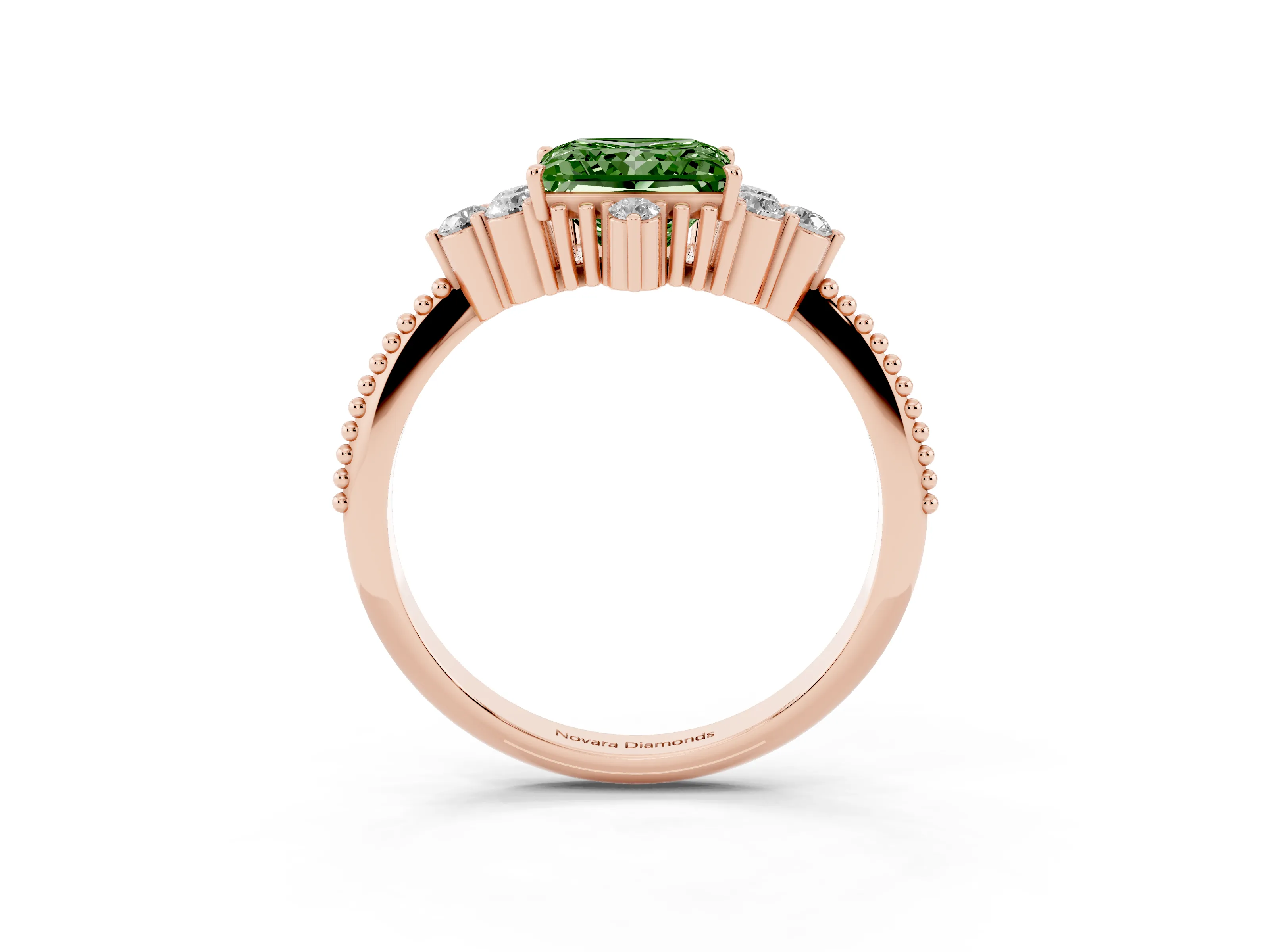 Fancy Green Princess Cut Diamond Cluster Ring Set in Rose gold with Beaded Band
