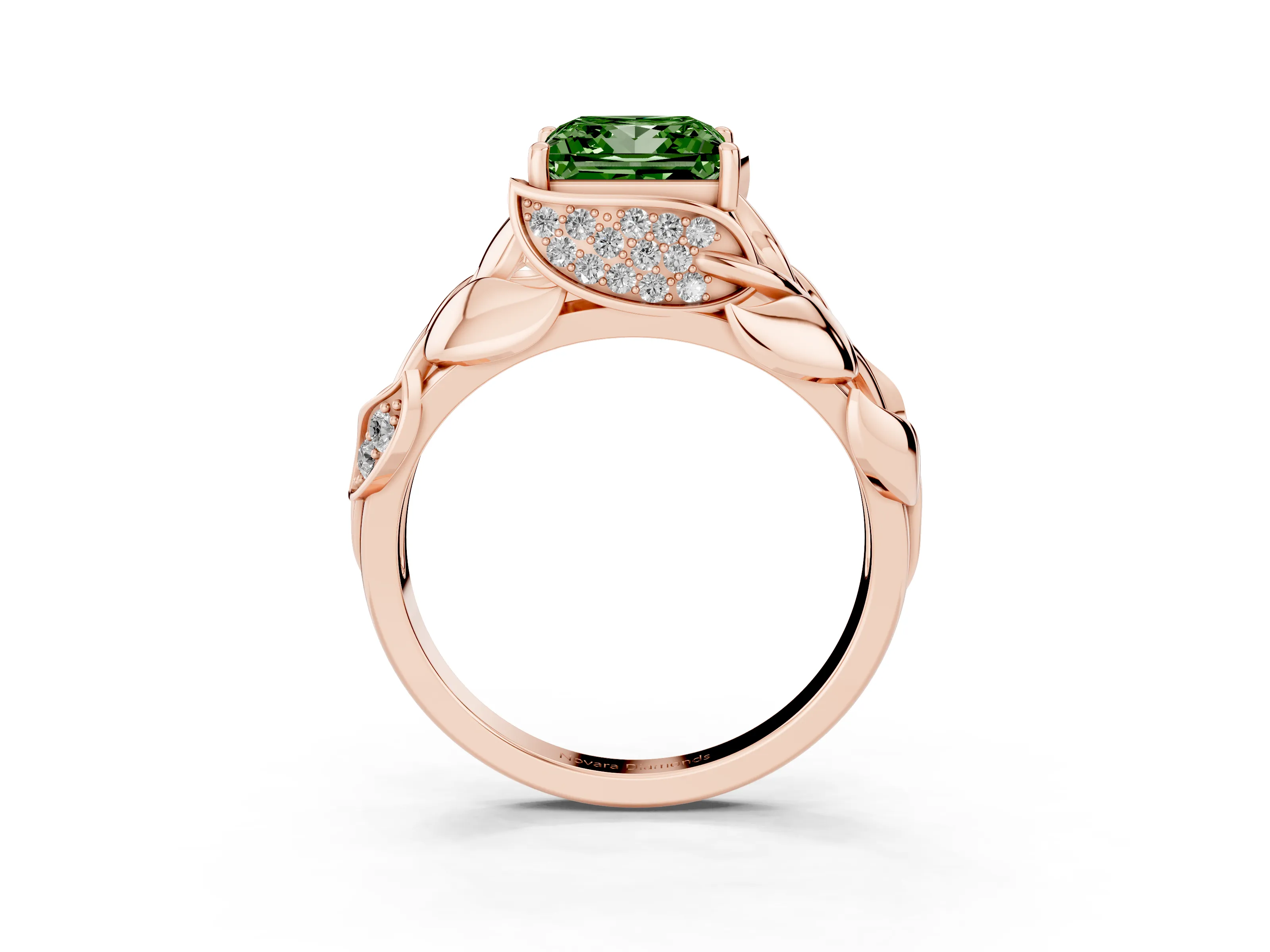 Fancy Green Princess Cut Diamond Leaf-Inspired Engagement Ring Set in Rose gold with Round Accents