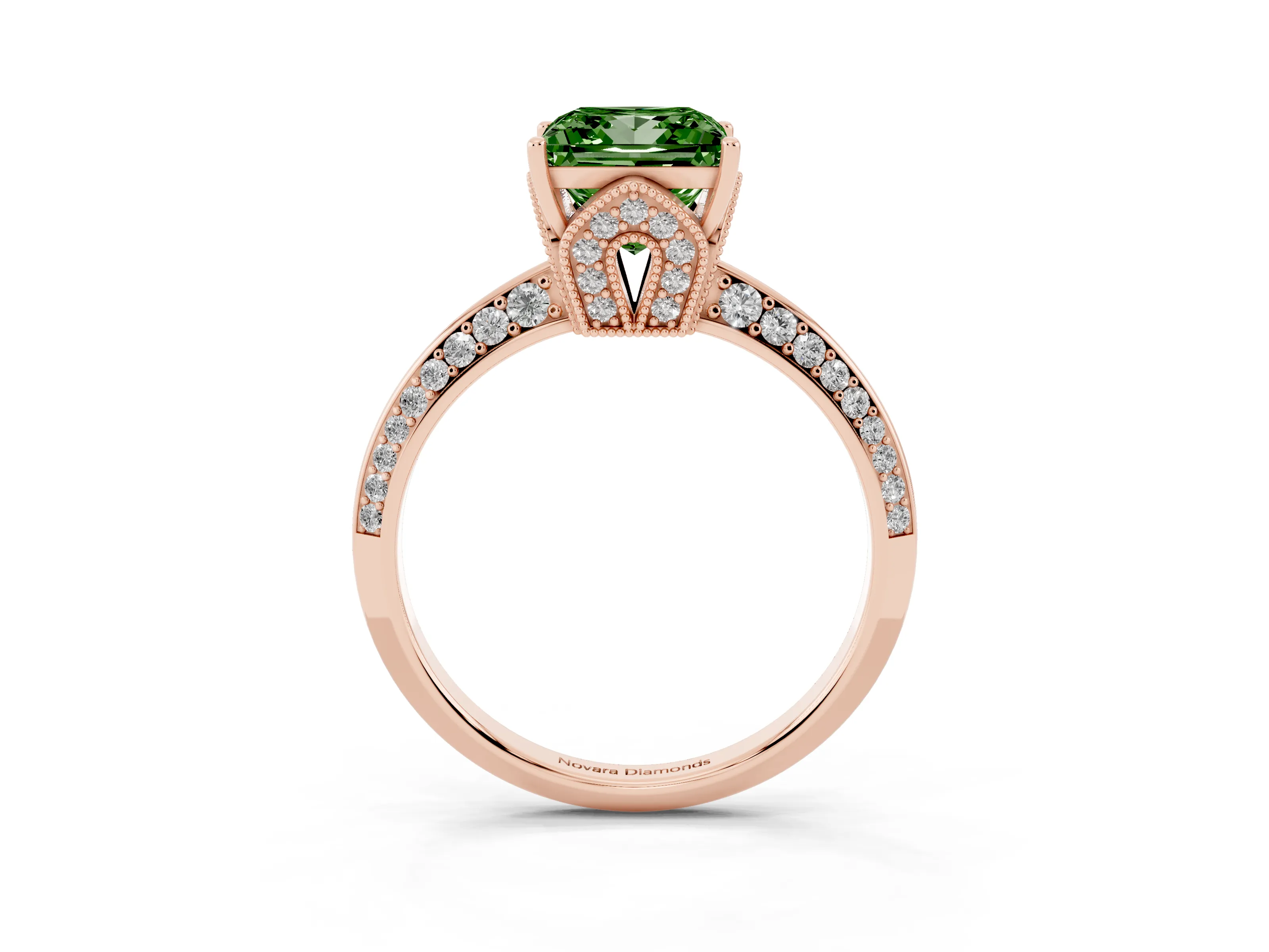 Fancy Green Princess Cut Diamond Solitaire Engagement Ring Set in Rose gold with Pavé Split Shank and Prong Setting