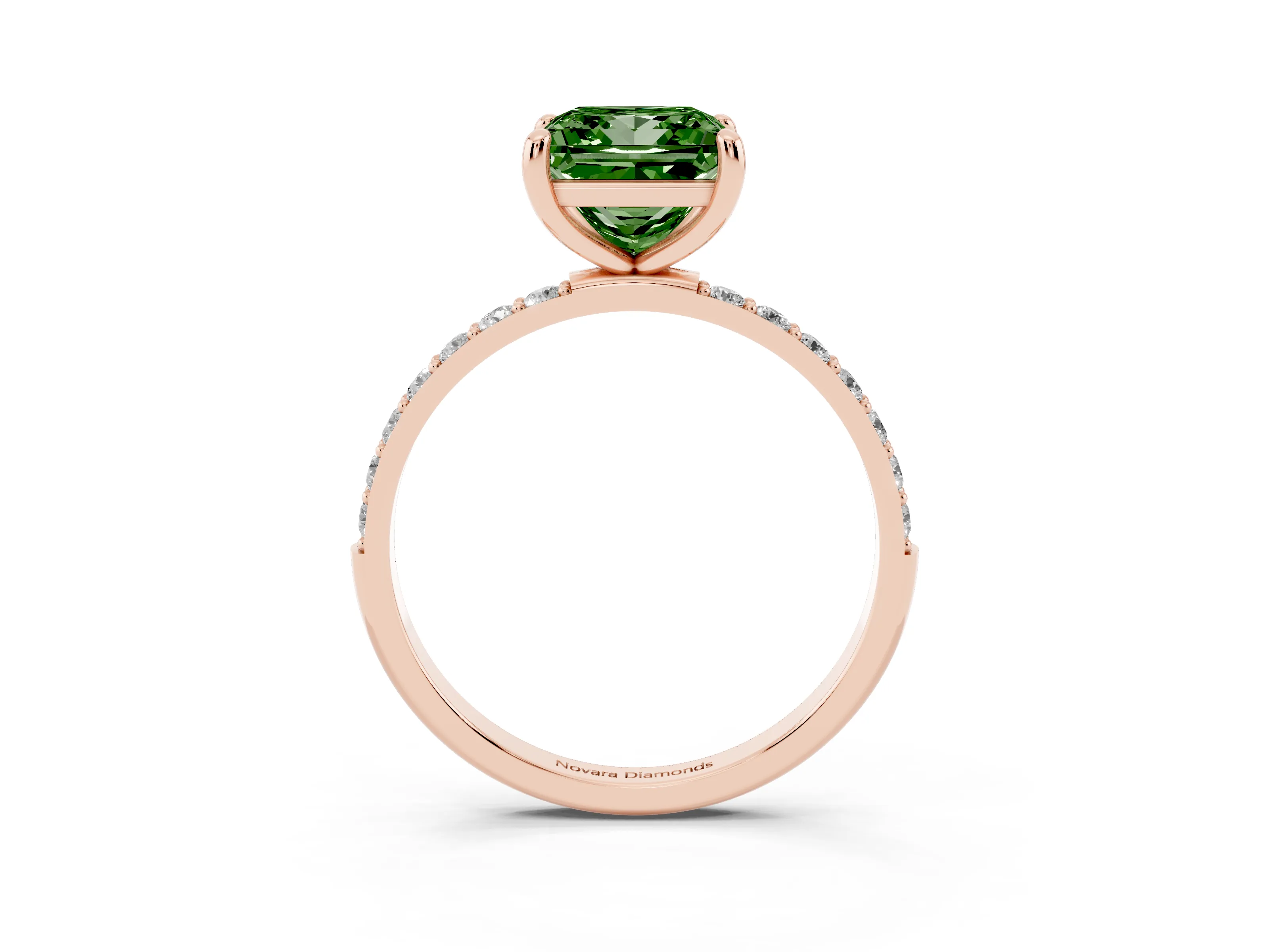 Fancy Green Princess Cut Diamond Solitaire Ring Set in Rose gold with Round Pavé Band and Prong Setting