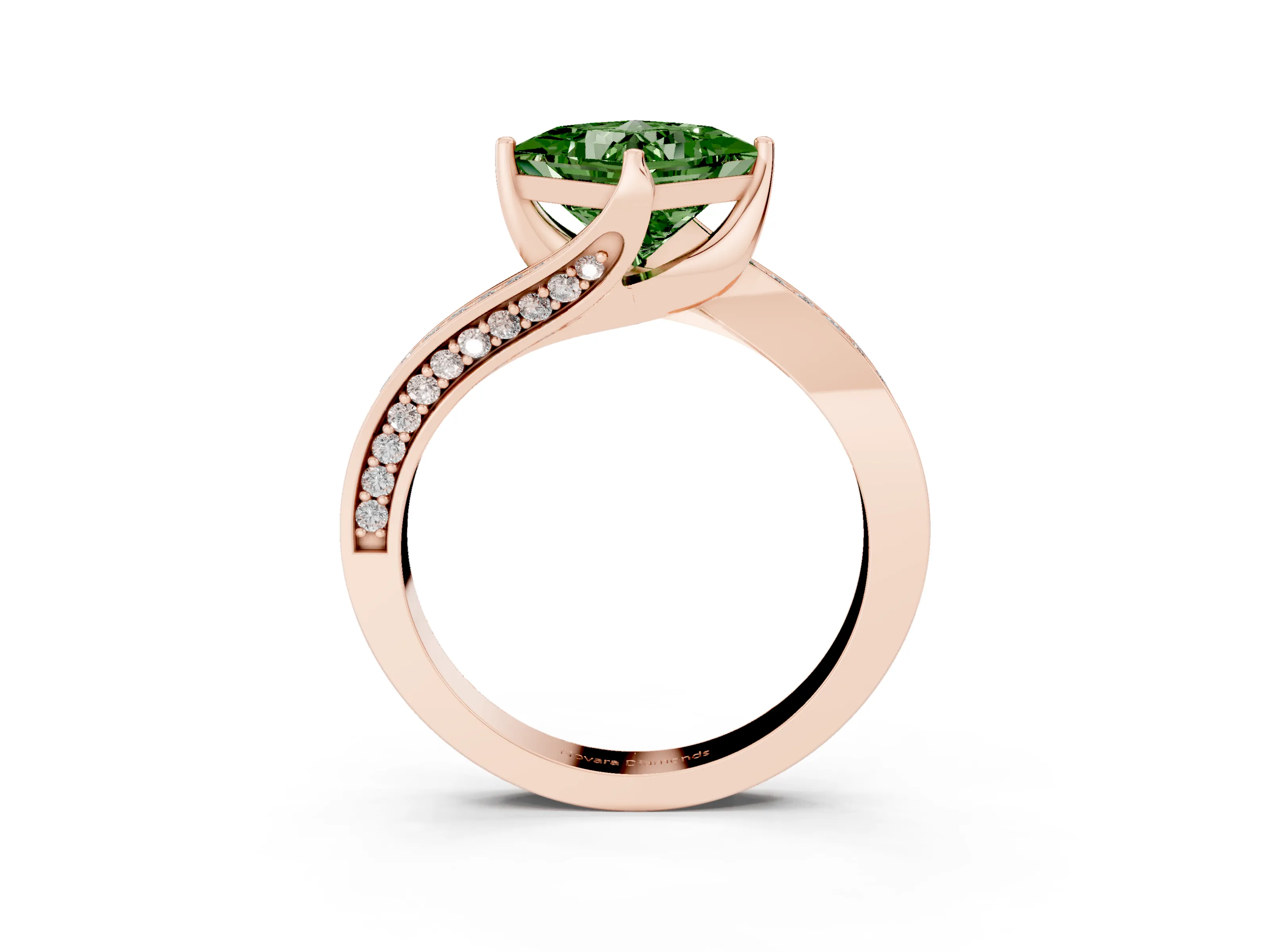 Fancy Green Princess Cut Diamond Solitaire Ring Set in Rose gold with Intertwined Pavé Twist Band