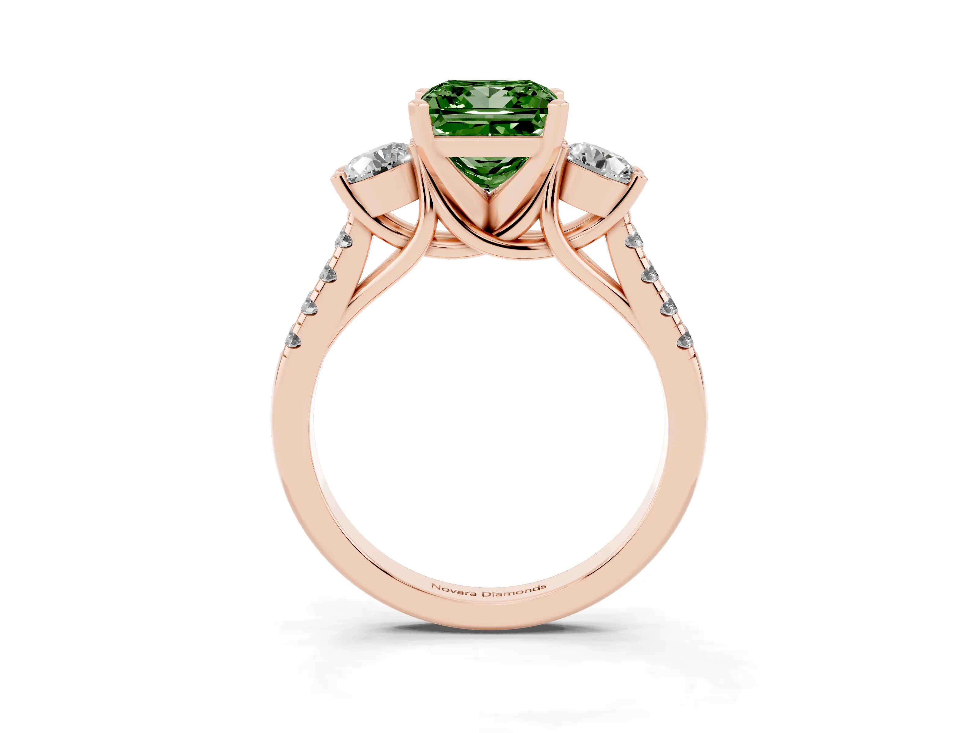 Fancy Green Three-Stone Princess Cut Diamond Pavé Band Ring Set in Rose gold with Prong-Set Trio