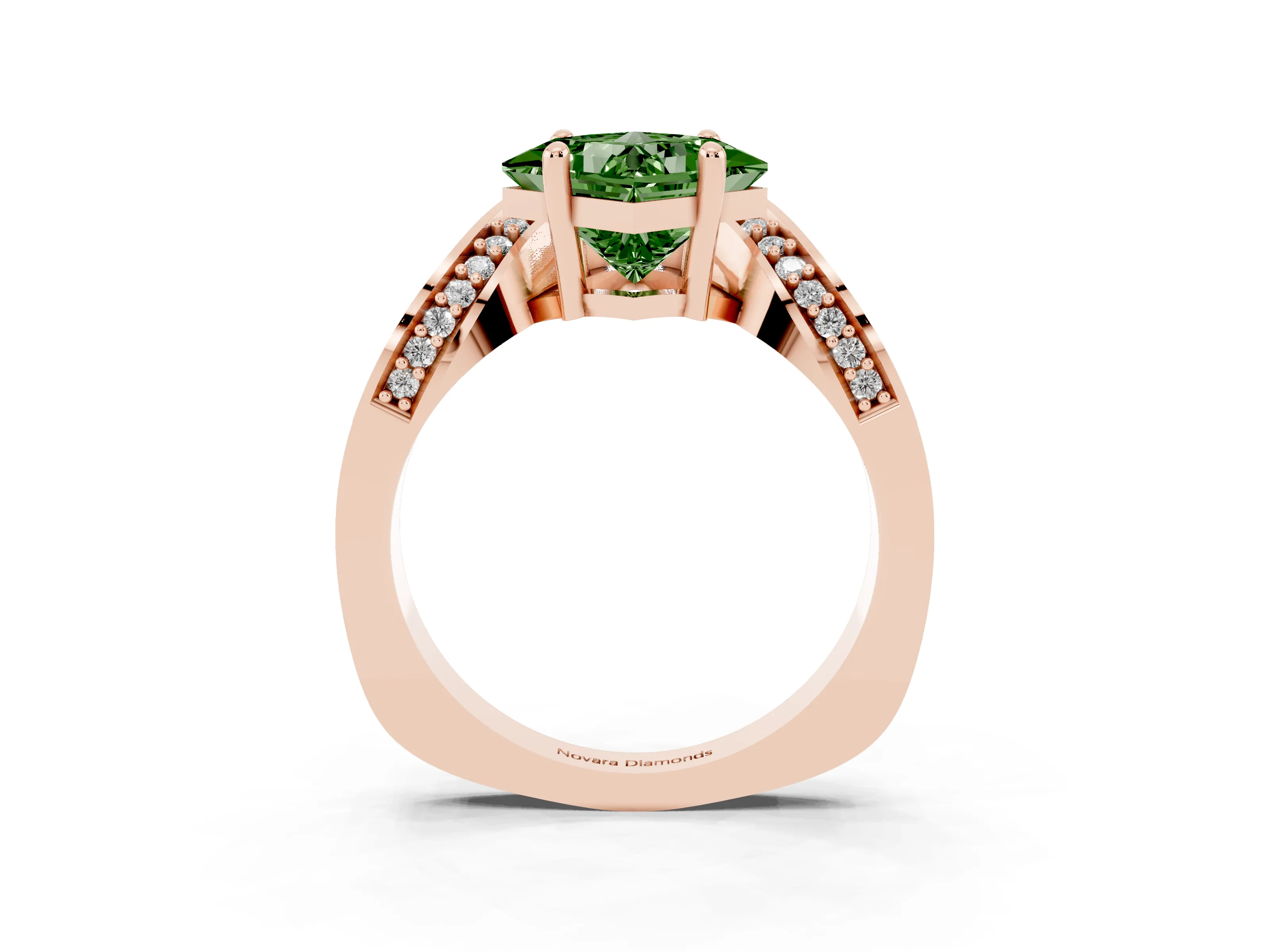 Fancy Green Princess Cut Diamond Solitaire Engagement Ring Set in Rose gold with Pavé Shoulders