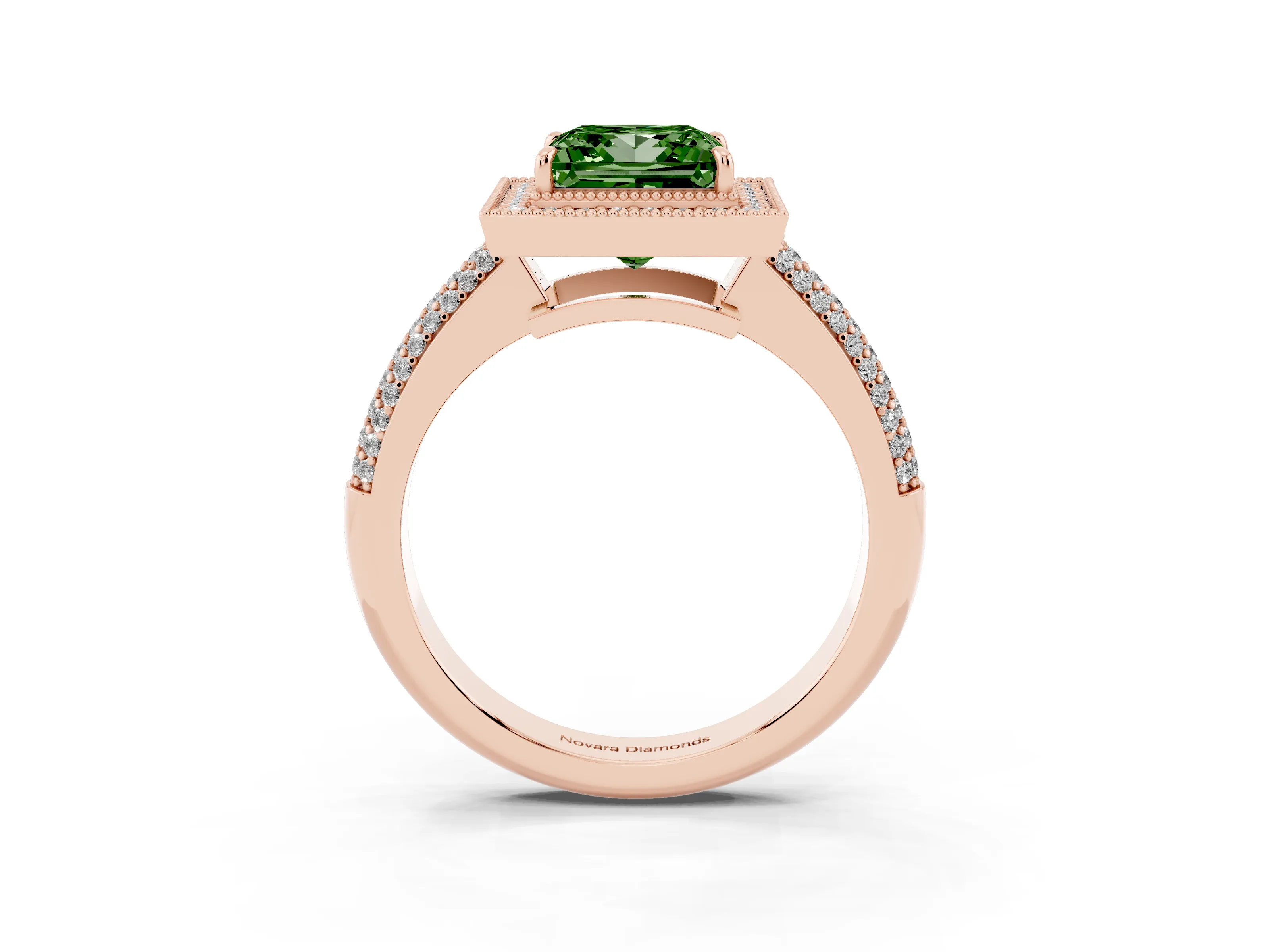 Fancy Green Princess Cut Diamond Halo Pavé Band Set in Rose gold with Prong Setting