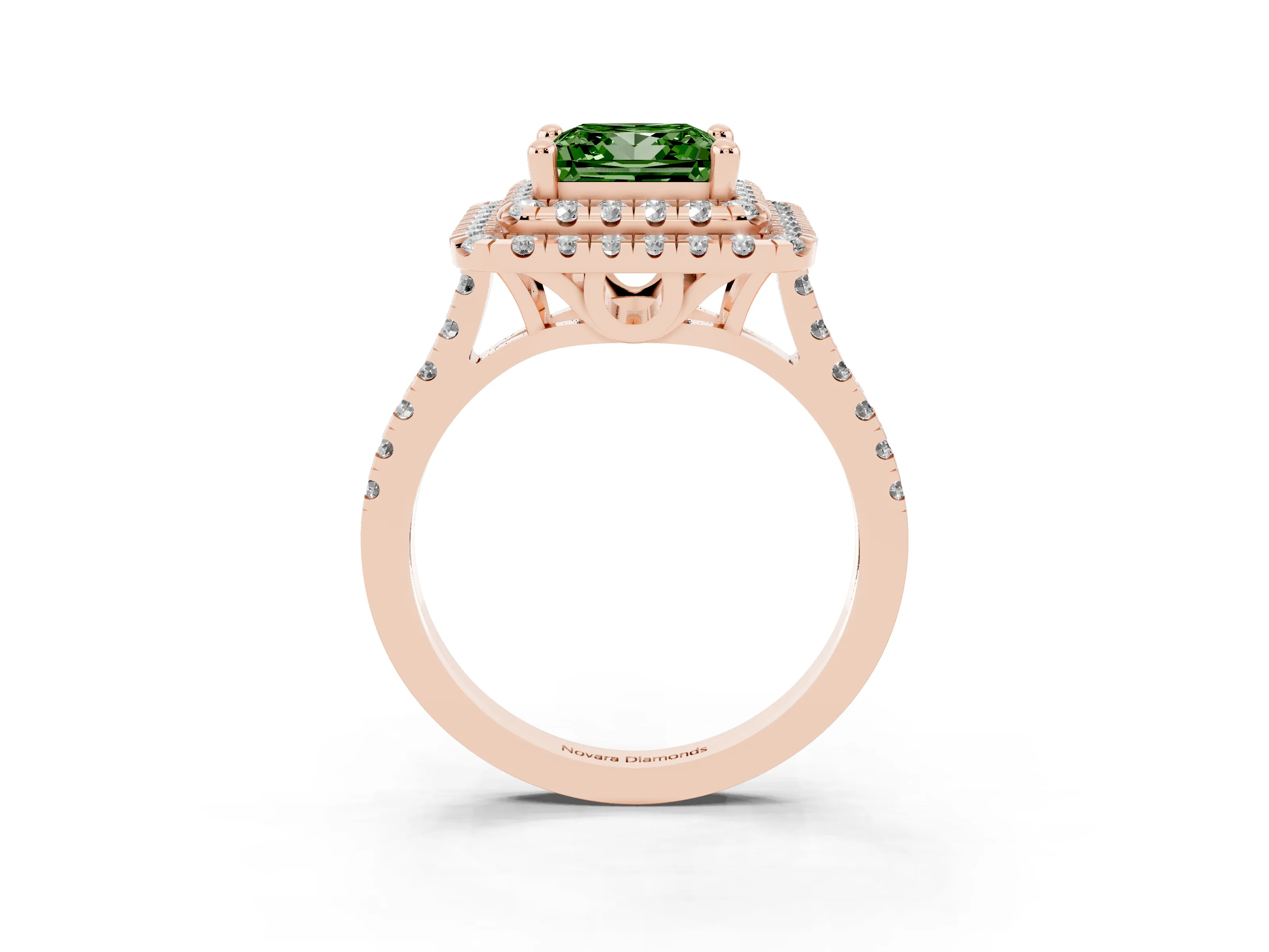 Fancy Green Princess Cut Diamond Double Halo Statement Ring Set in Rose gold with Pavé Band