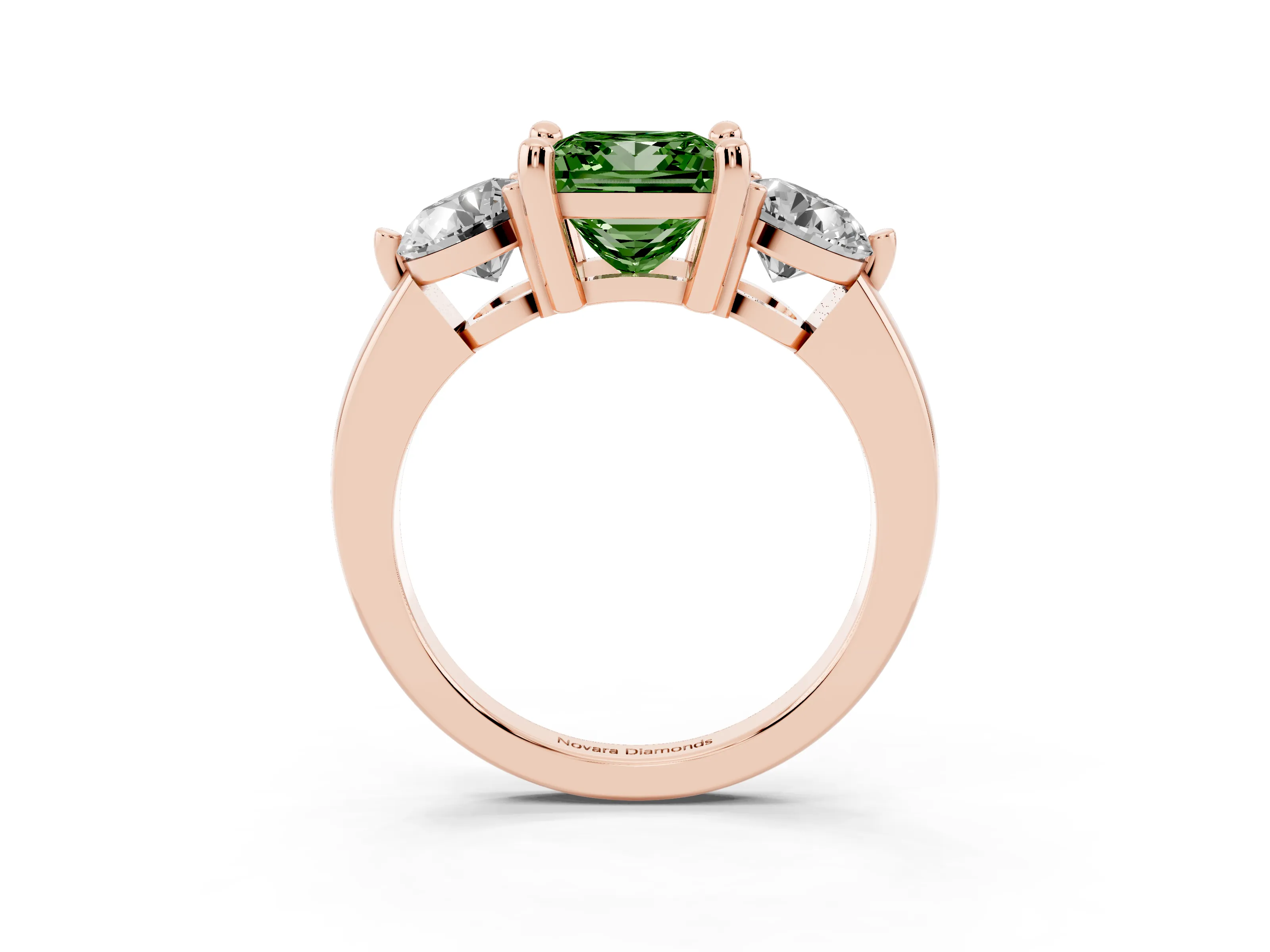 Fancy Green Princess Cut Diamond Three-Stone Ring Set in Rose gold with Prong Setting and Classic Band