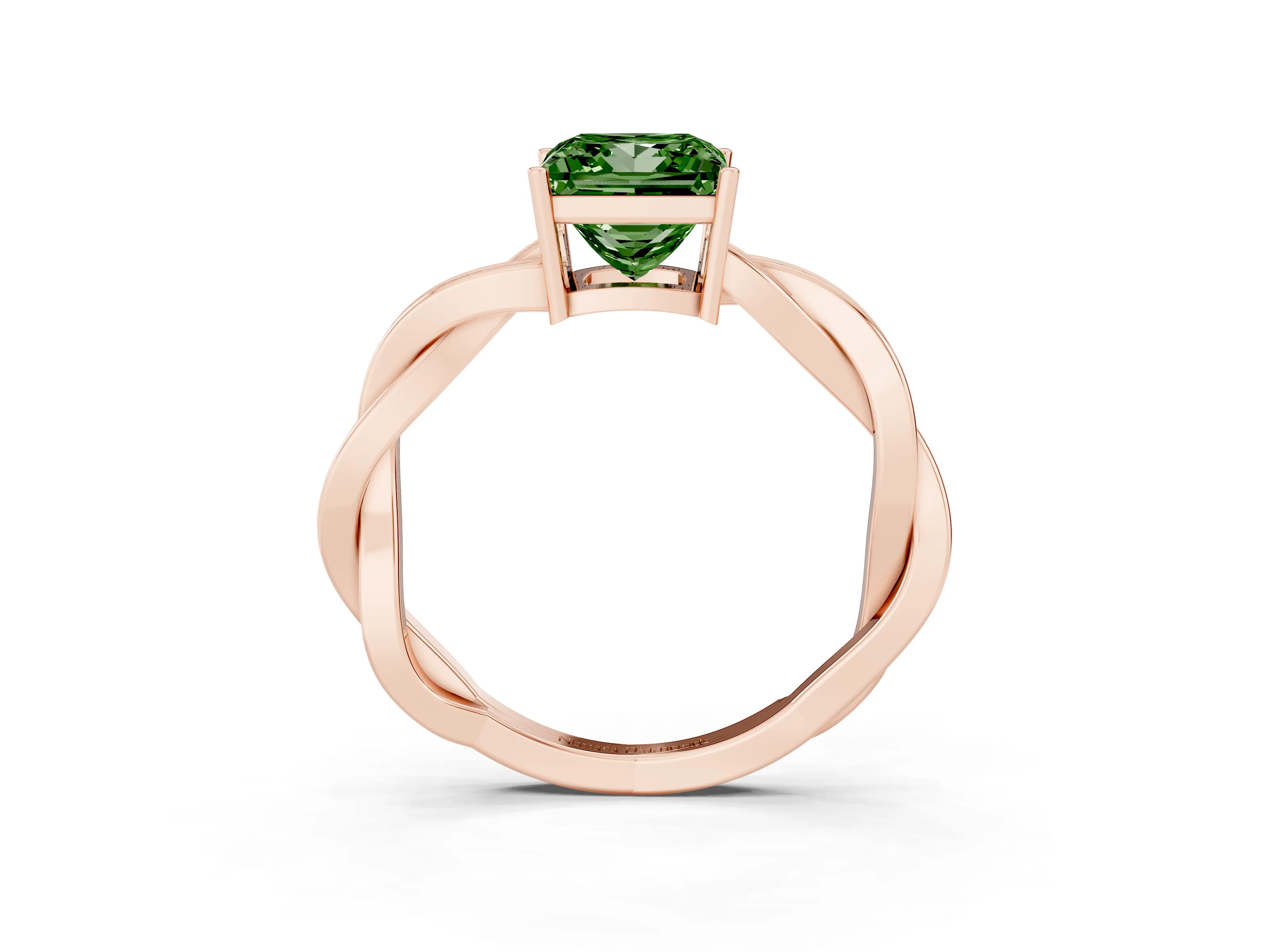 Fancy Green Princess Cut Diamond Solitaire Twisted Pavé Ring Set in Rose gold with Prong Setting