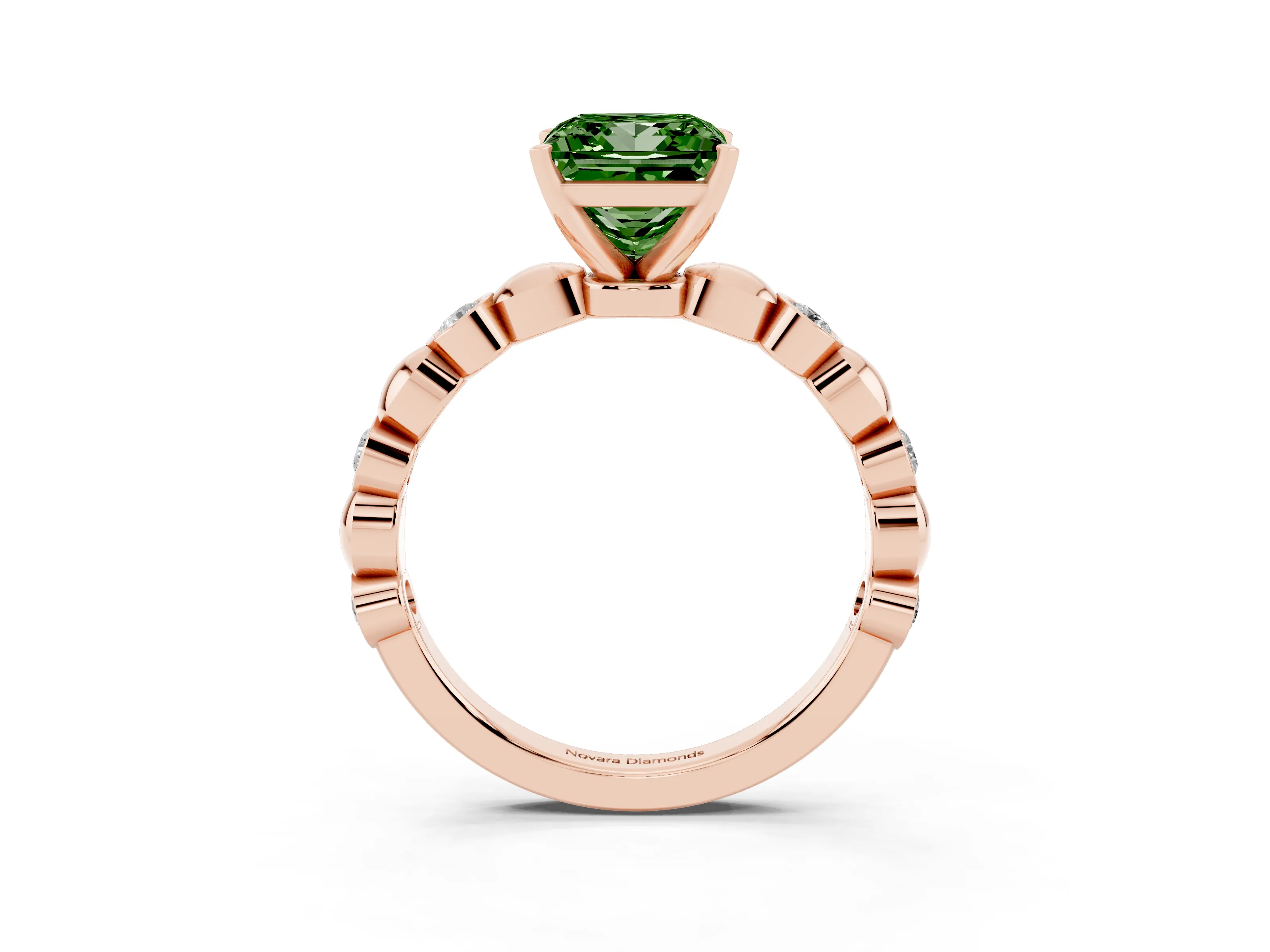 Fancy Green Princess Cut Diamond Solitaire Ring Set in Rose gold with Bezel-Set Accents on Beaded Band and Prong Setting