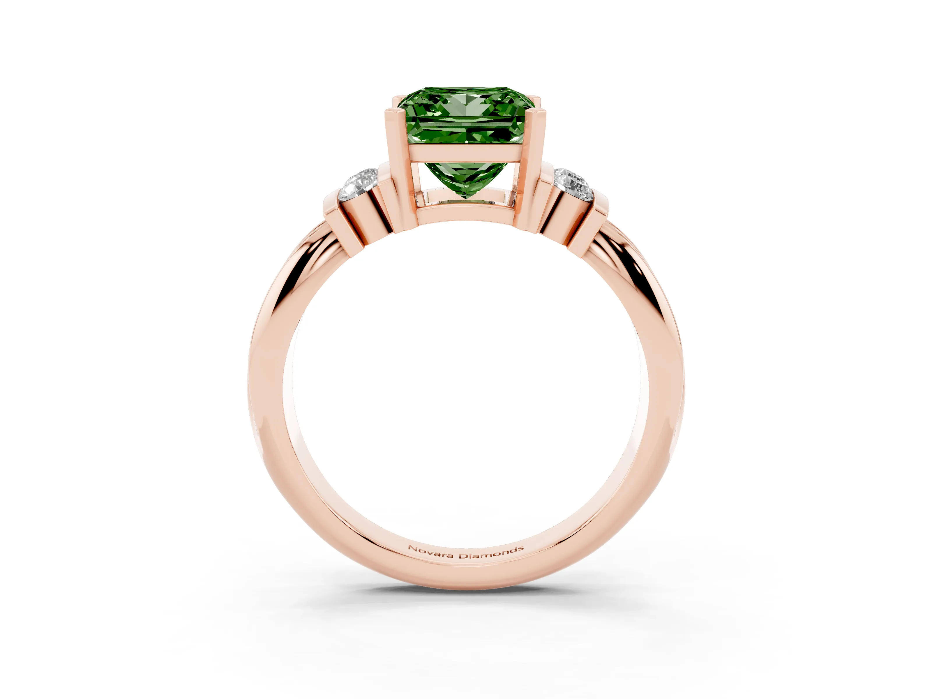 Fancy Green Three-Stone Princess Cut Diamond Channel Set Ring Set in Rose gold with Bar Prongs