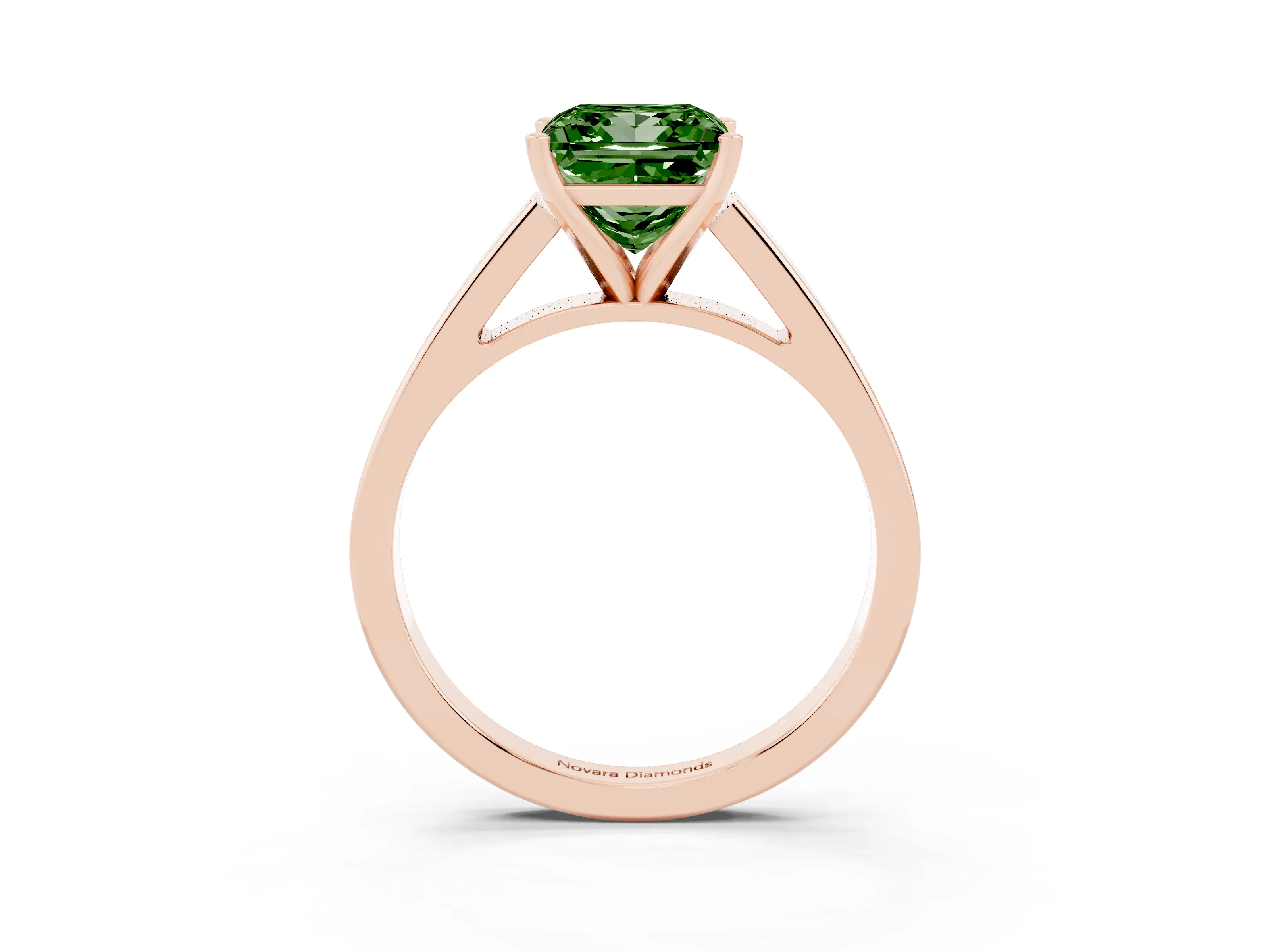 Fancy Green Princess Cut Diamond Solitaire Engagement Ring Set in Rose gold with Prong Setting and Tapered Band