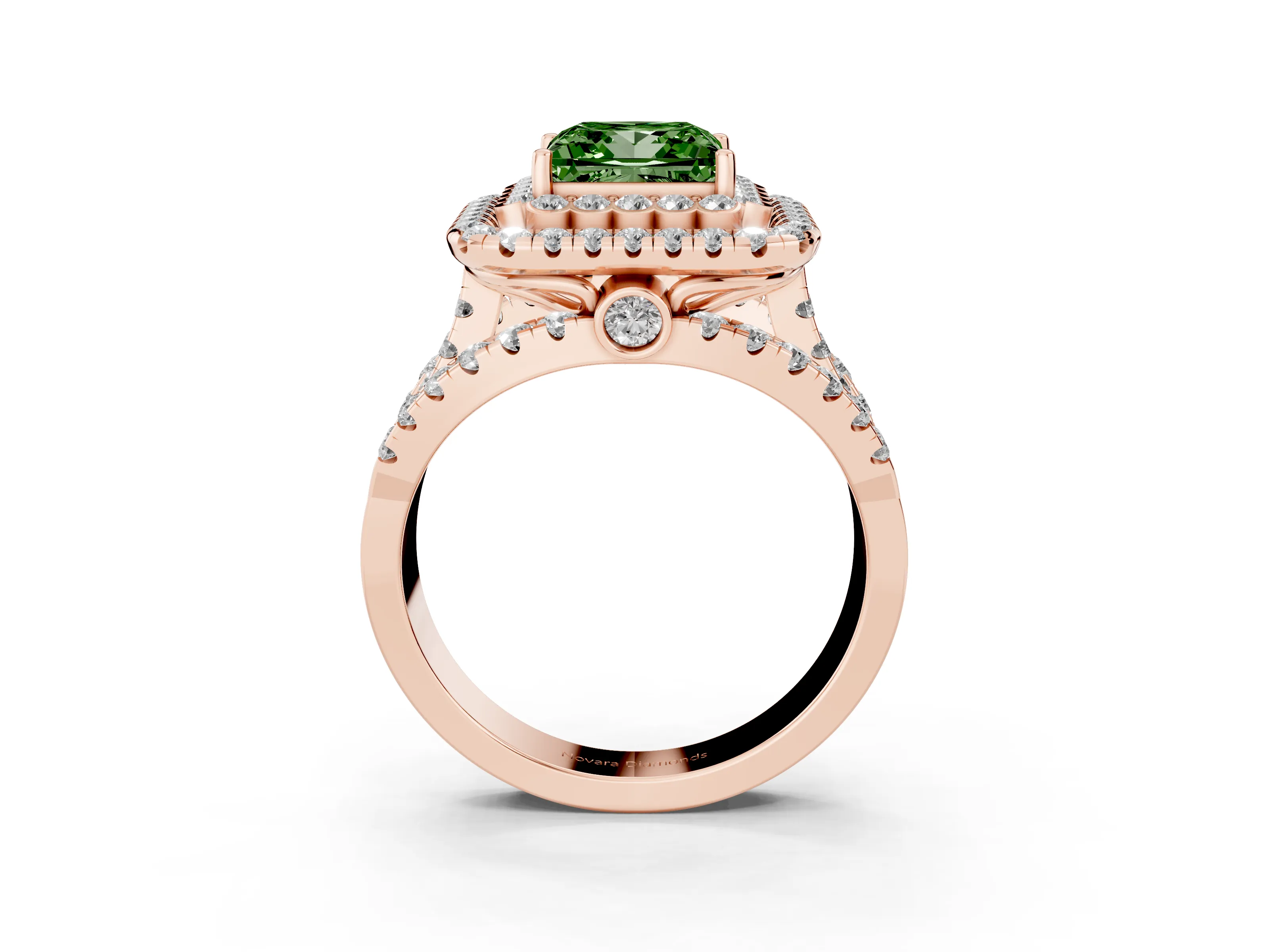 Fancy Green Princess Cut Diamond Double Halo Ring Set in Rose gold with Round Pavé Split Shank