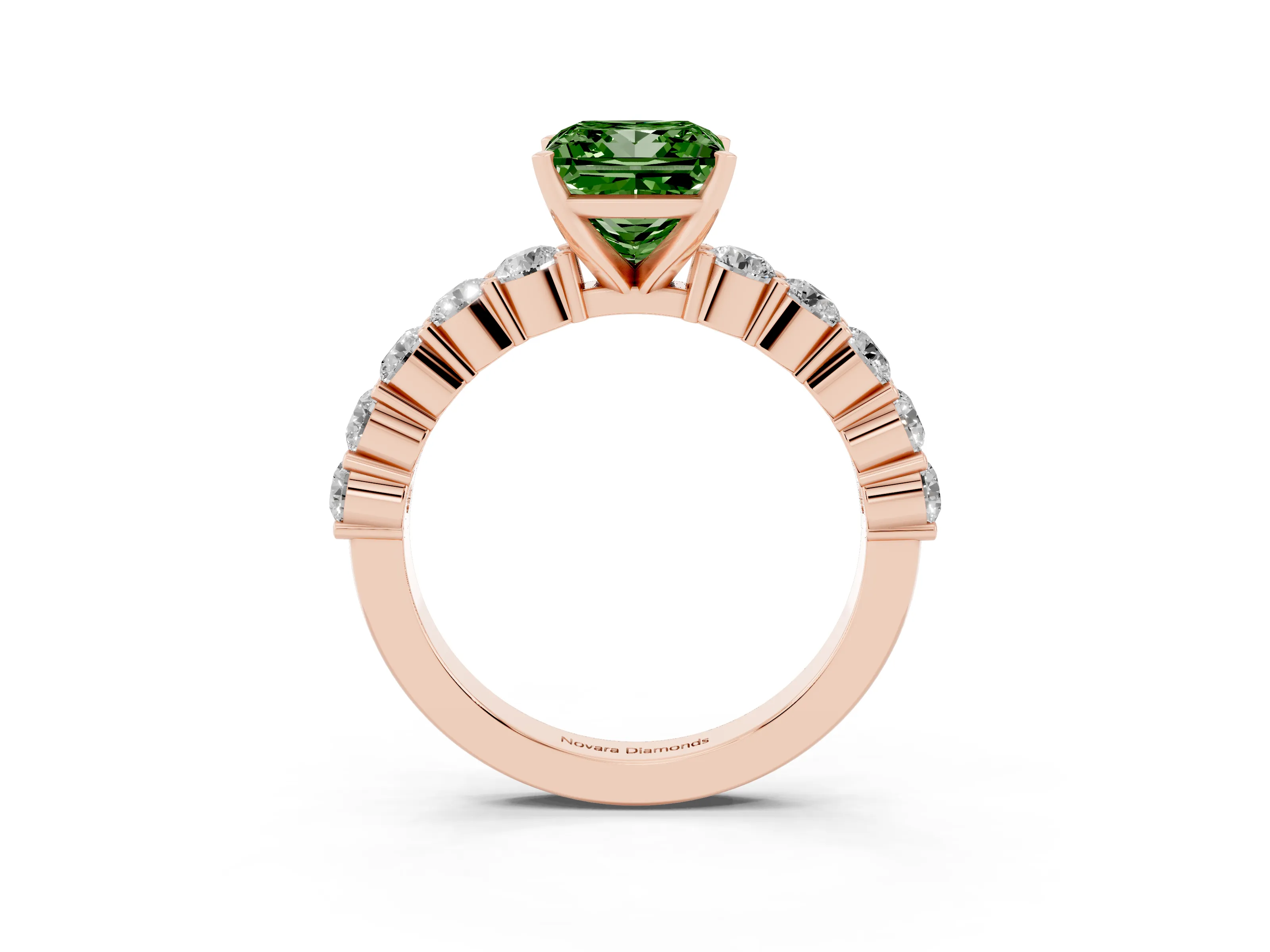 Fancy Green Princess Cut Diamond Solitaire Ring Set in Rose gold with Shared Prong Round Side Stones