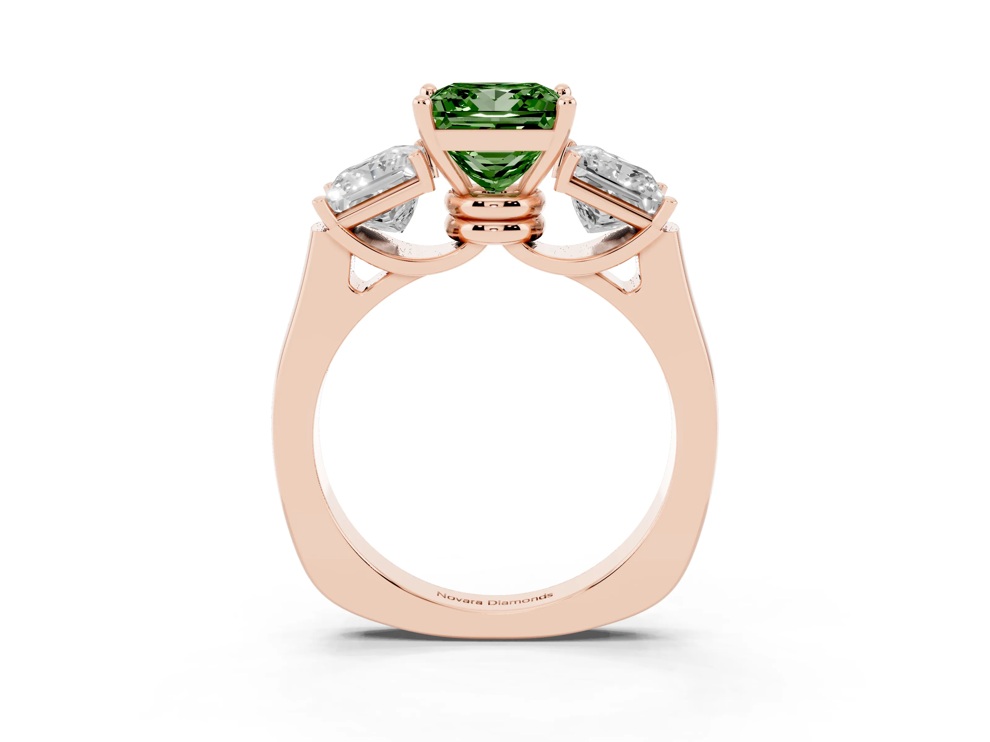 Fancy Green Princess Cut Diamond Three-Stone Trellis Ring Set in Rose gold with Comfort Fit Band