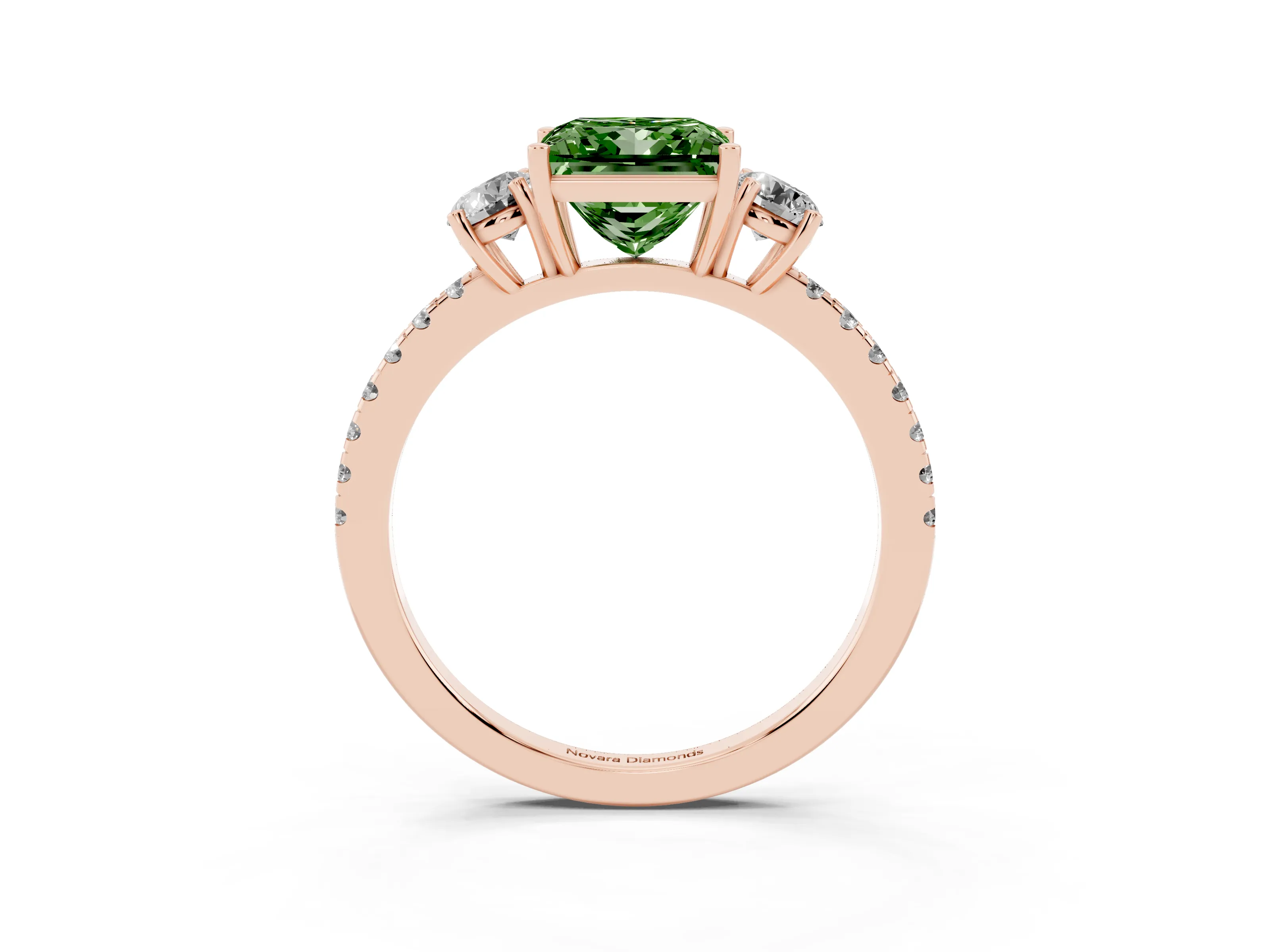 Fancy Green Princess Cut Diamond Three-Stone Ring Set in Rose gold with Pavé Band and Graduated Sides