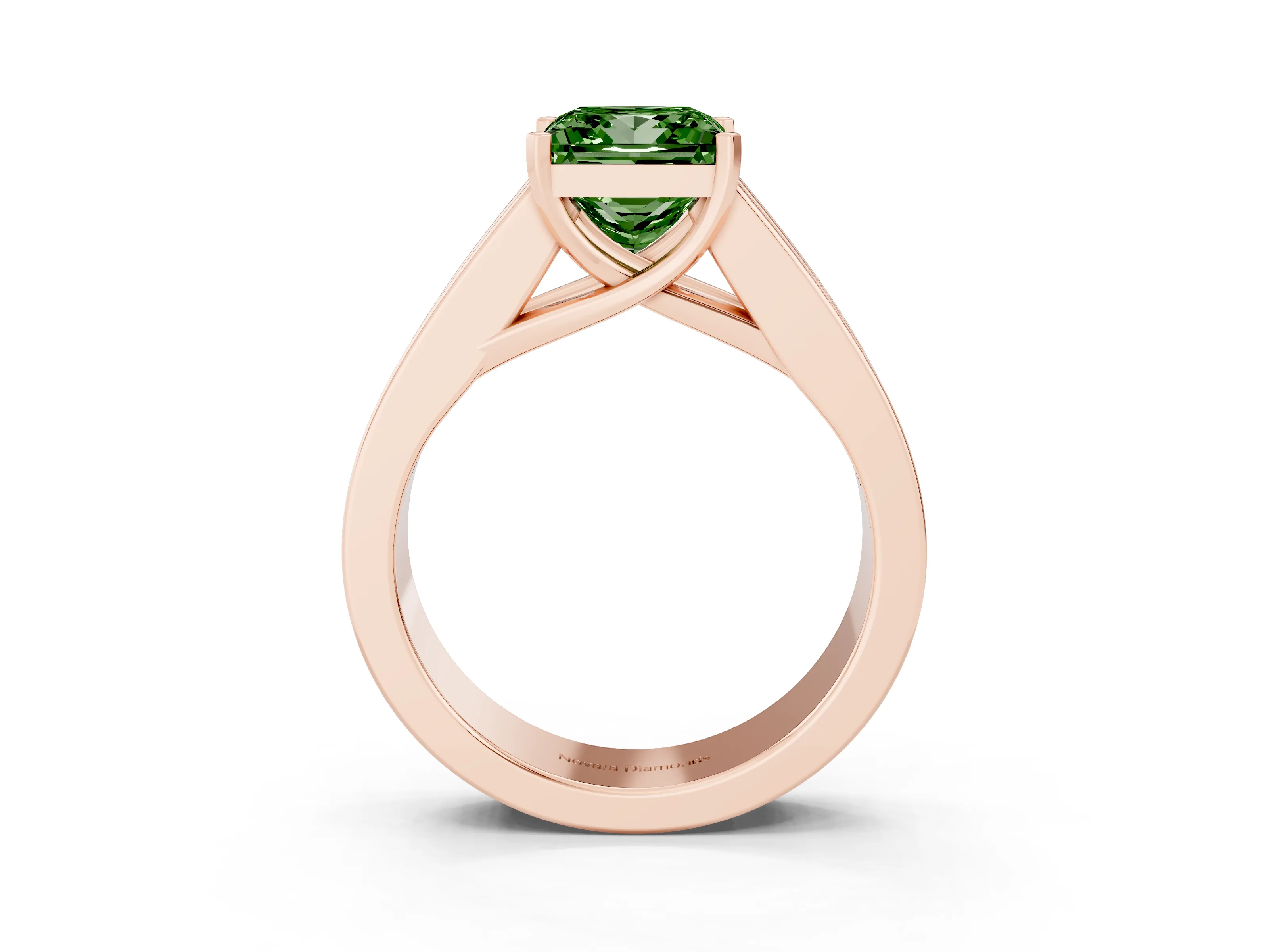 Fancy Green Princess Cut Diamond Solitaire Ring Set in Rose gold with Channel-Set Accent Stones and Prong Setting