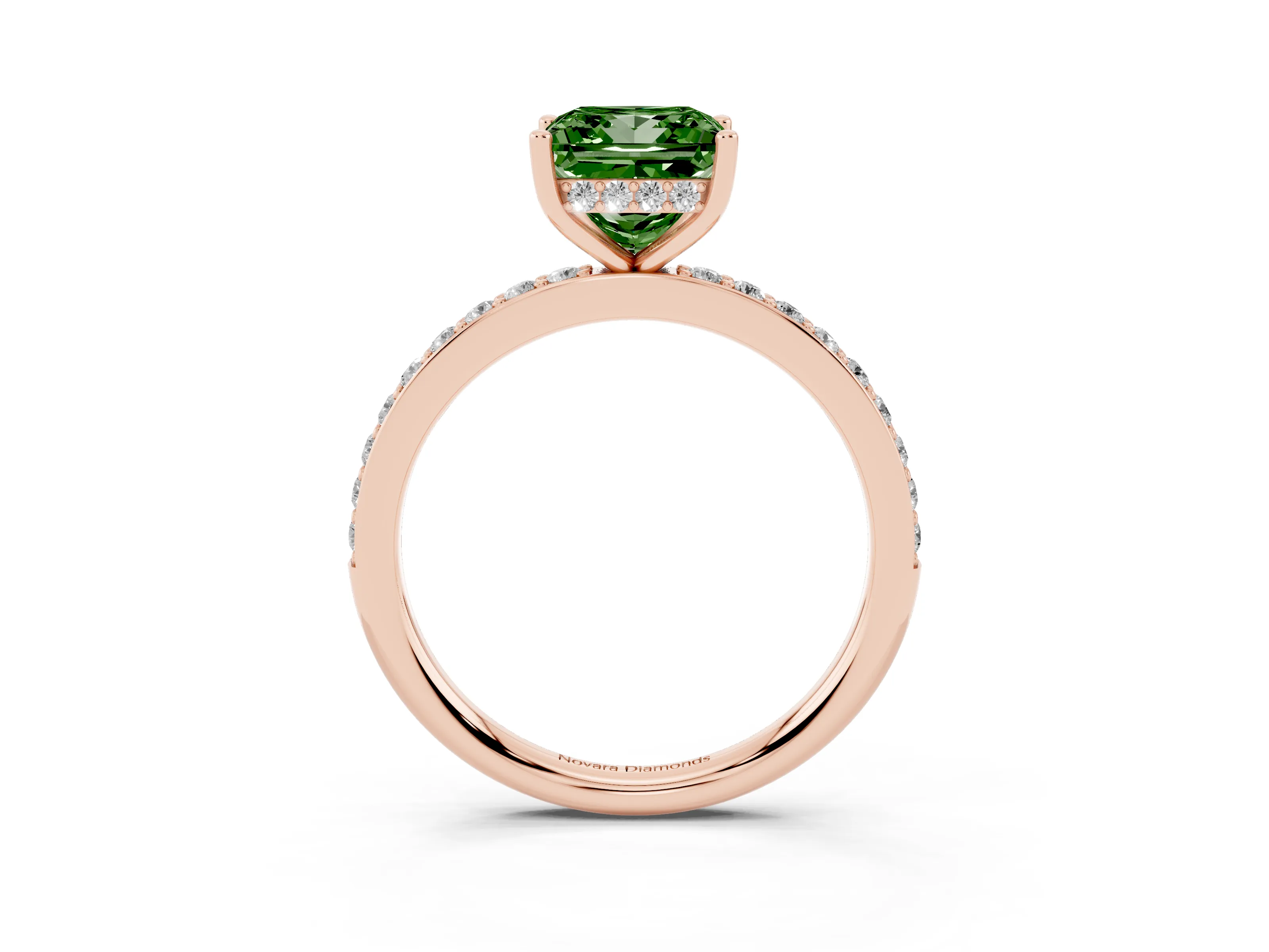Fancy Green Princess Cut Diamond Pavé Band Ring Set in Rose gold with Prong-Set Center Stone