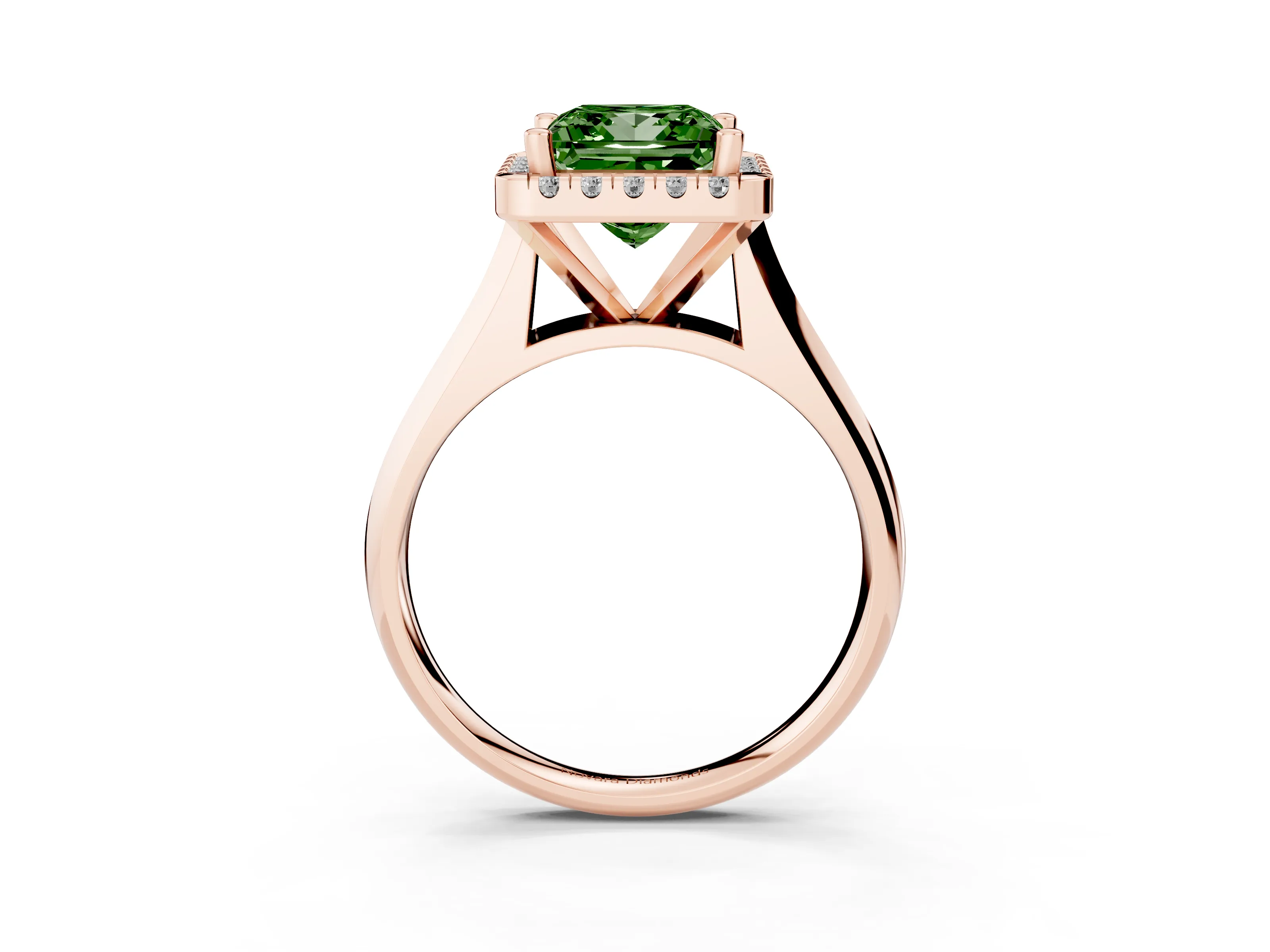 Fancy Green Princess Cut Diamond Halo Solitaire Engagement Ring Set in Rose gold with Square Band and Prong Setting