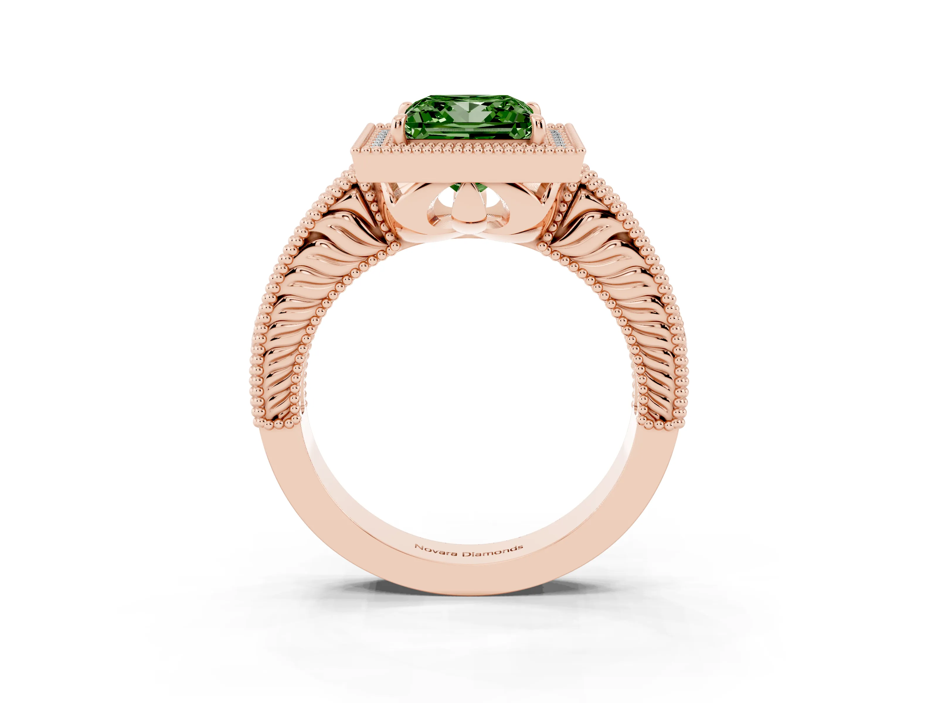 Fancy Green Princess Cut Diamond Halo Ring Set in Rose gold with Round Accent Halo, Pavé Band and Prong Setting