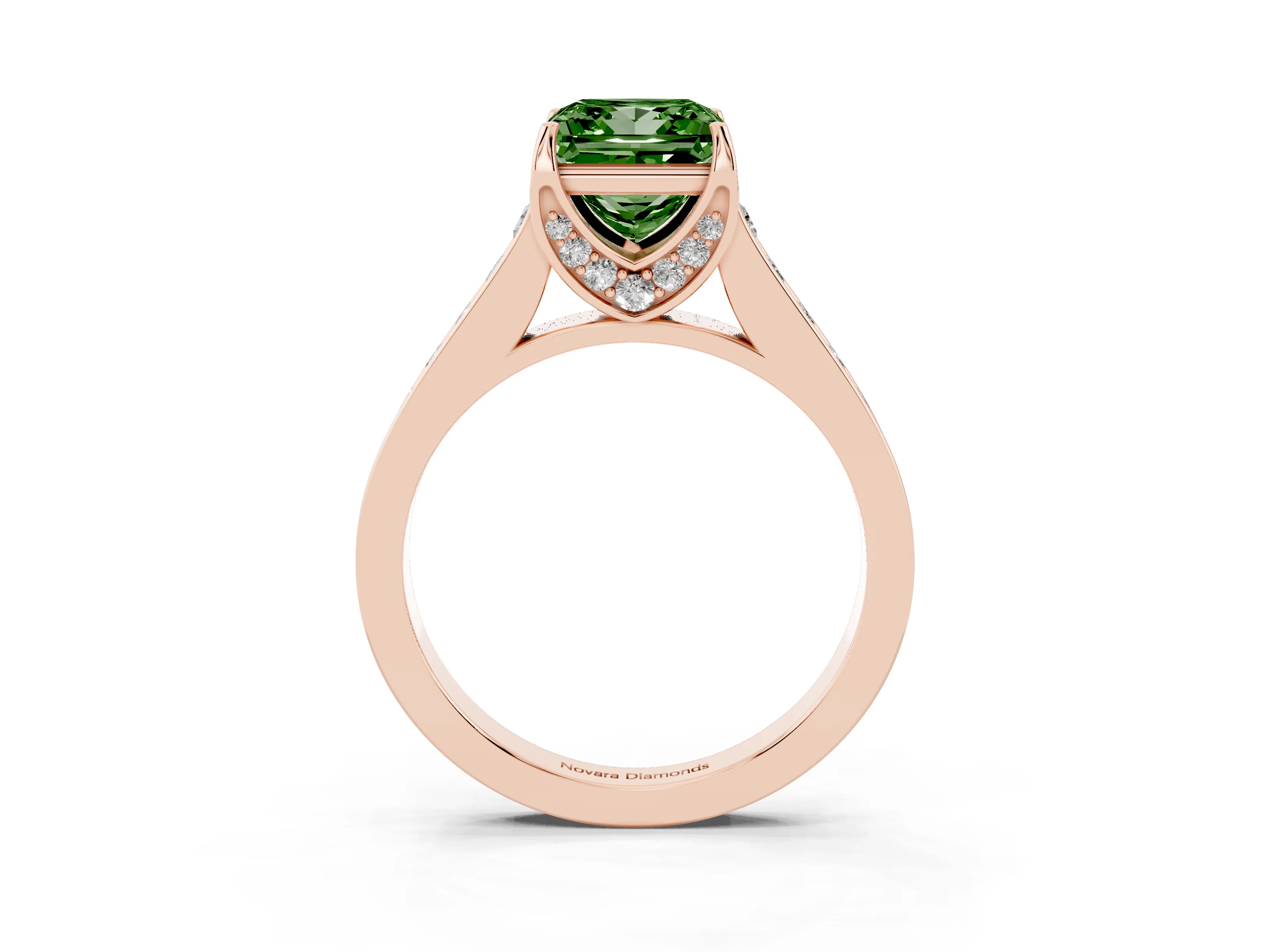 Fancy Green Princess Cut Diamond Solitaire Pavé Engagement Ring Set in Rose gold with Prong Setting