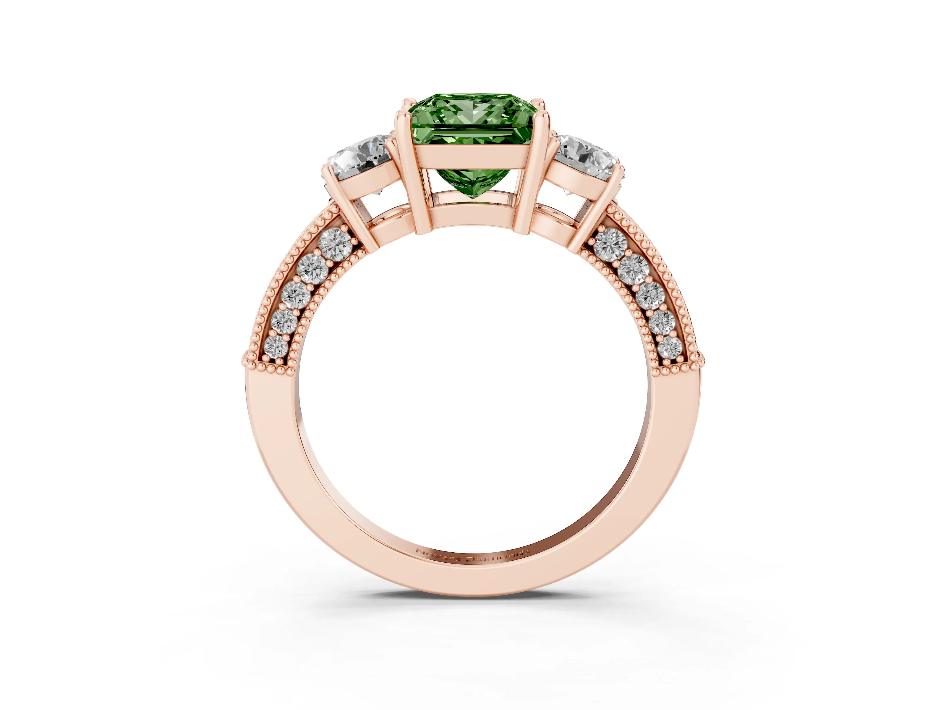 Fancy Green Princess Cut Diamond Three-Stone Ring Set in Rose gold with Round Side Stones and Pavé Band
